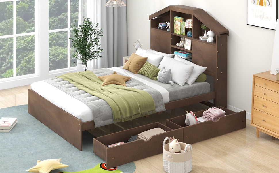 Full Size Wood Platform Bed with House-shaped Storage Headboard and 2 Drawers, Walnut