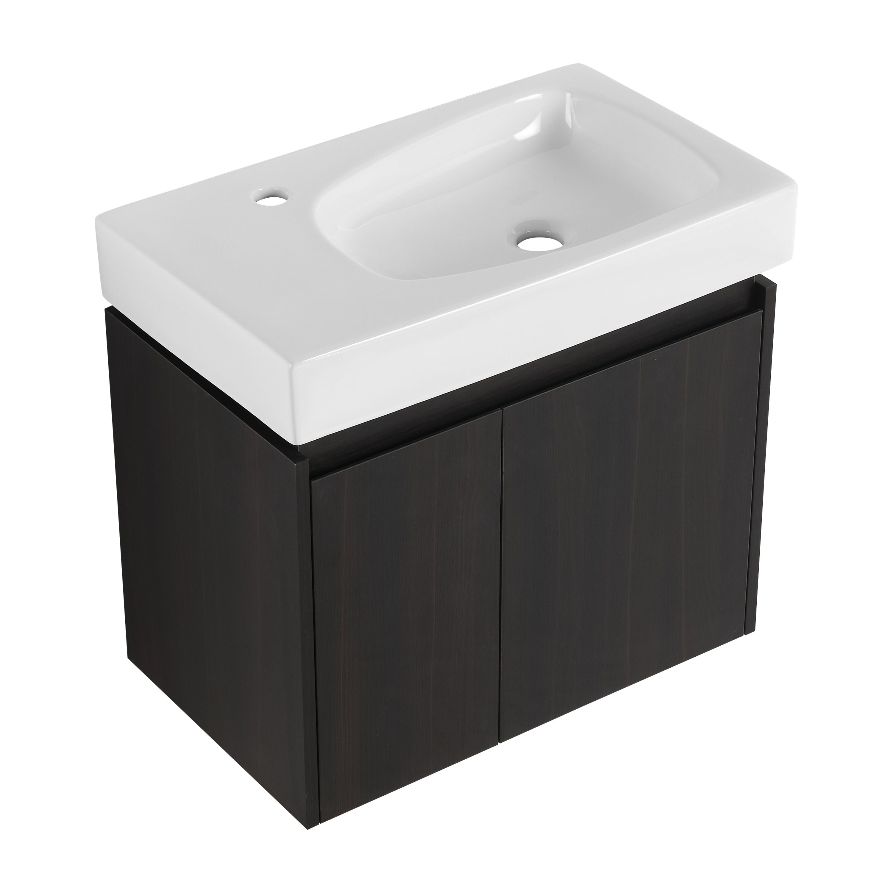 24 Inch Bathroom Vanity with Ceramic Basin, Wall Mounted Floating Vanity Sink Combo, Wooden Storage Cabinet with Double Doors for Bathroom,Black