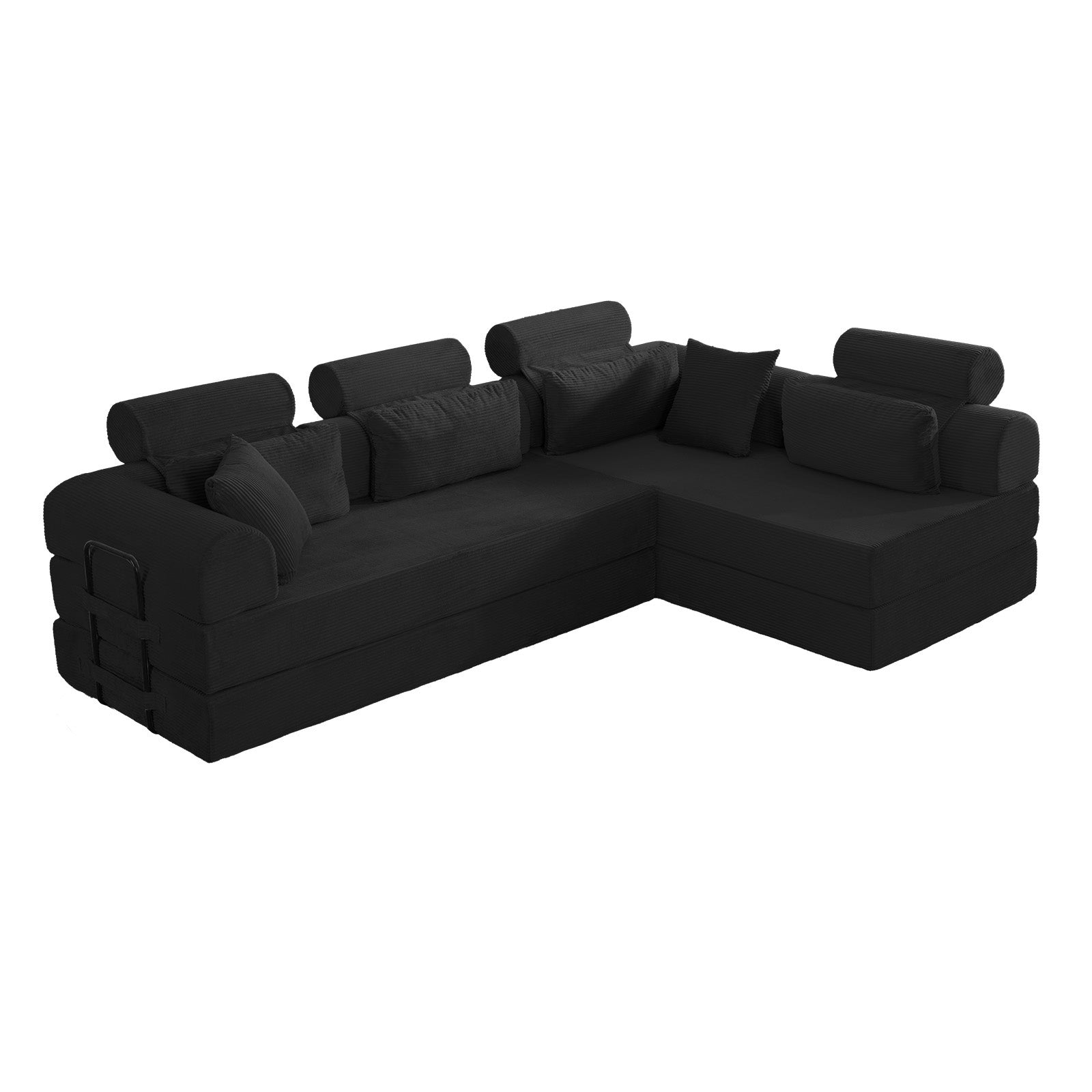 Black corduroy minimalist sectional sofa in living room, wide view