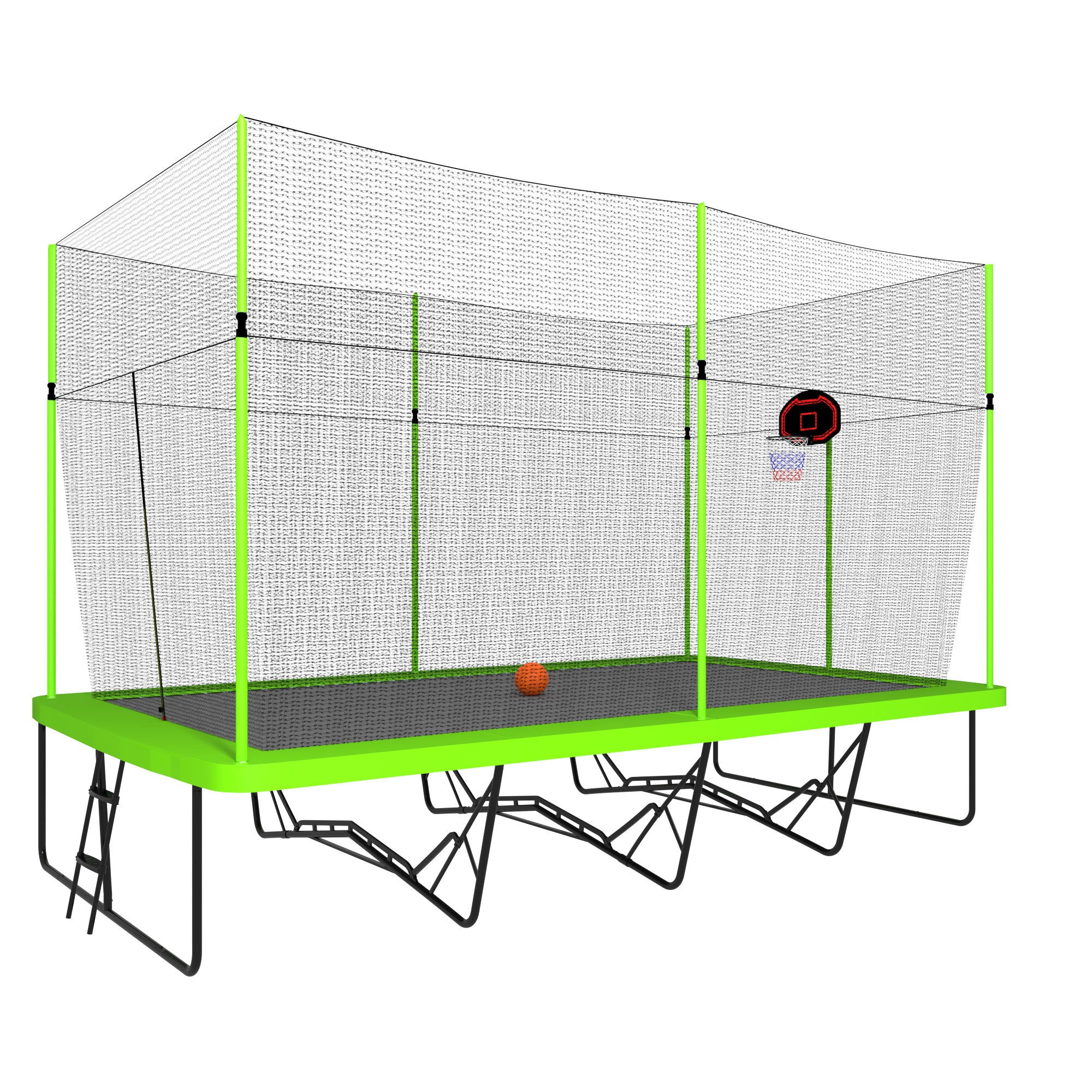 10ft by 17ft Rectangule Trampoline with Green Fabric Black Powder-coated Galvanized Steel Tubes with Basketball Hoop System Advanced Ladder