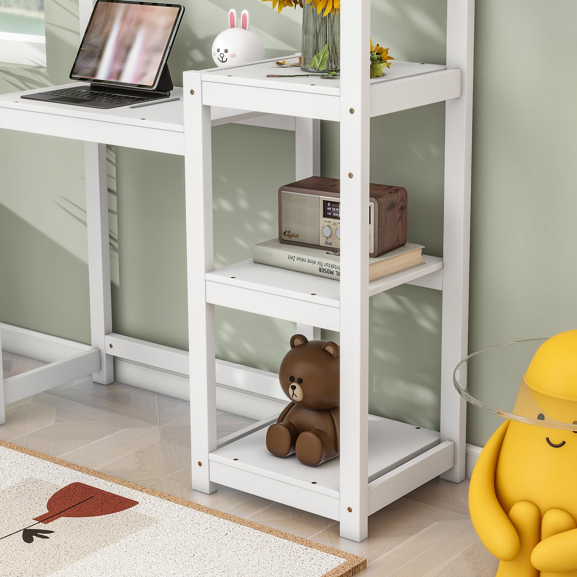 House-shaped Wooden writing Desk,Kids study Table,Bookshelf & Toy Storage,White