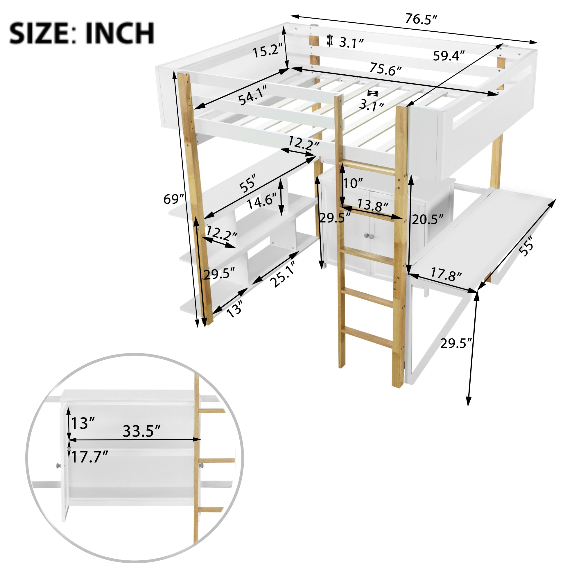 Full Size Wood Loft Bed With Built-in Storage Cabinet and Cubes, Foldable desk, White