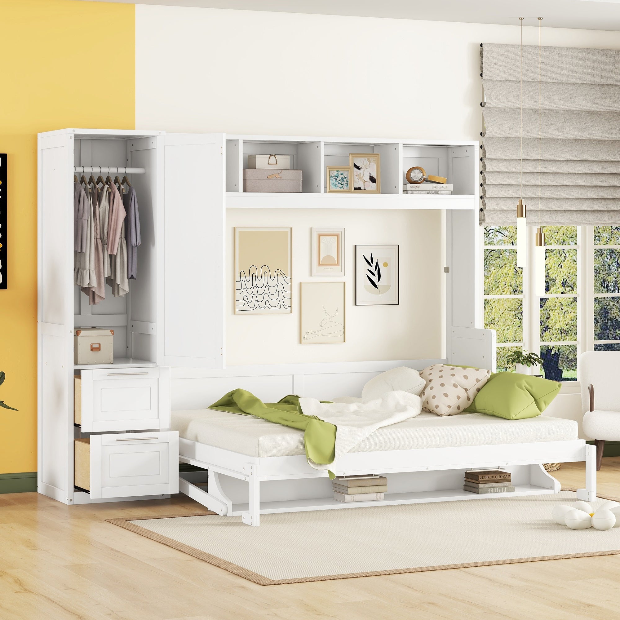 Queen Size Murphy Bed Wall Bed with Closet and Drawers,White