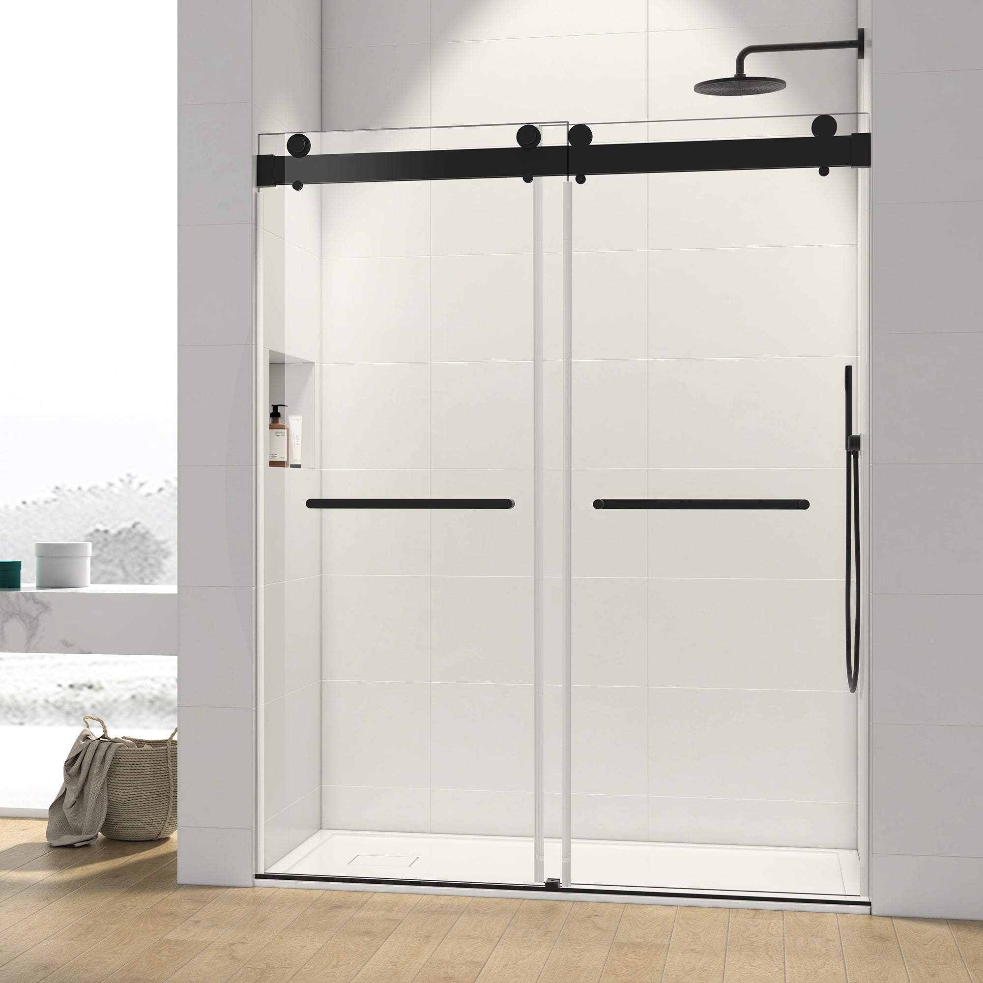 56-60"W x 76"H Double Sliding Frameless Shower Door in Matte Black with Soft-Closing and 3/8 Inch Clear Glass