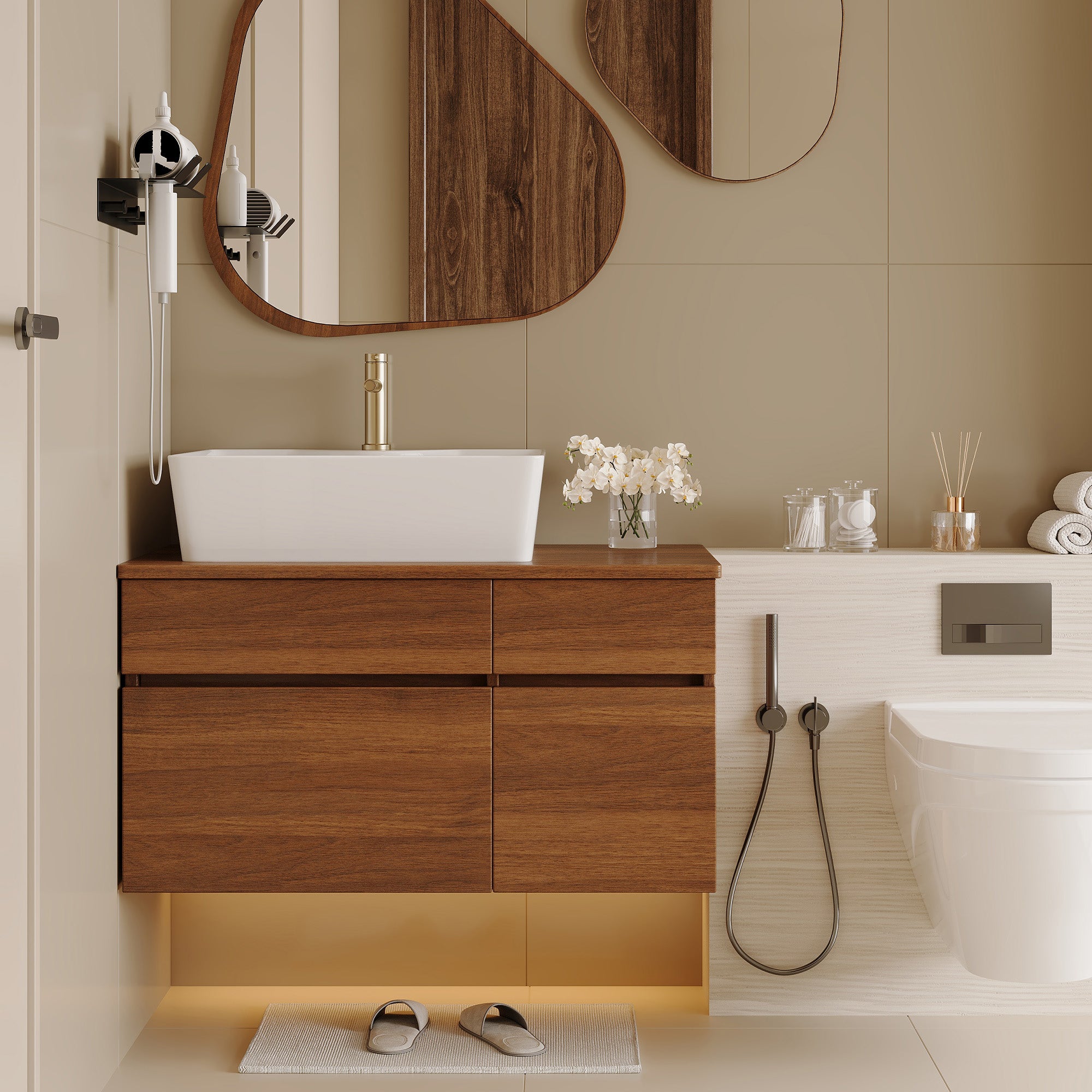 31.5 in. floating single bathroom vanity with white sink, front view
