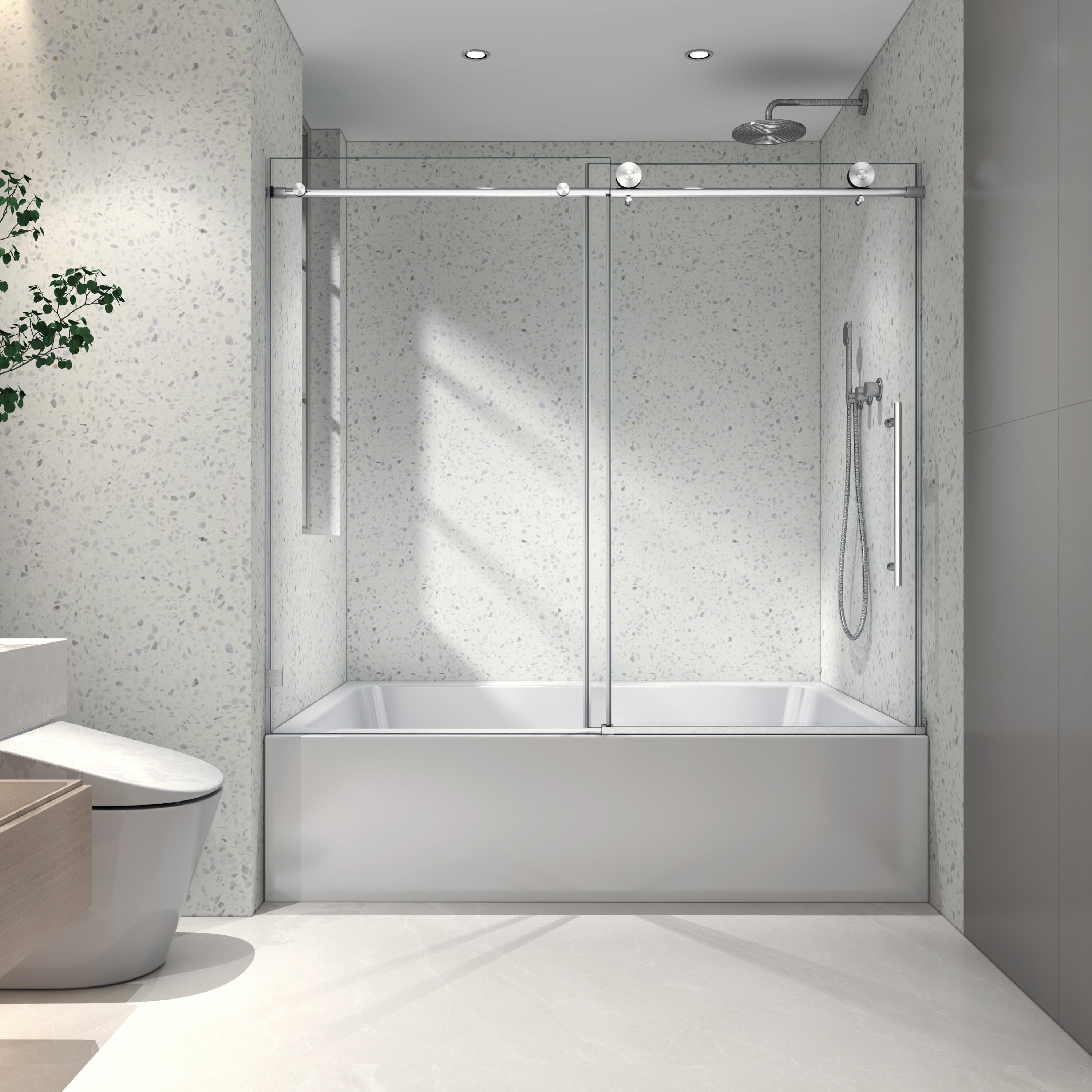 60"W x 76"H Brushed Nickel frameless one fixed and one shifted Shower Door, 70MM 304 stainless steel large pulleys with adjustable soft closing function,nano easy cleaning,stick explosion-proof menbrance