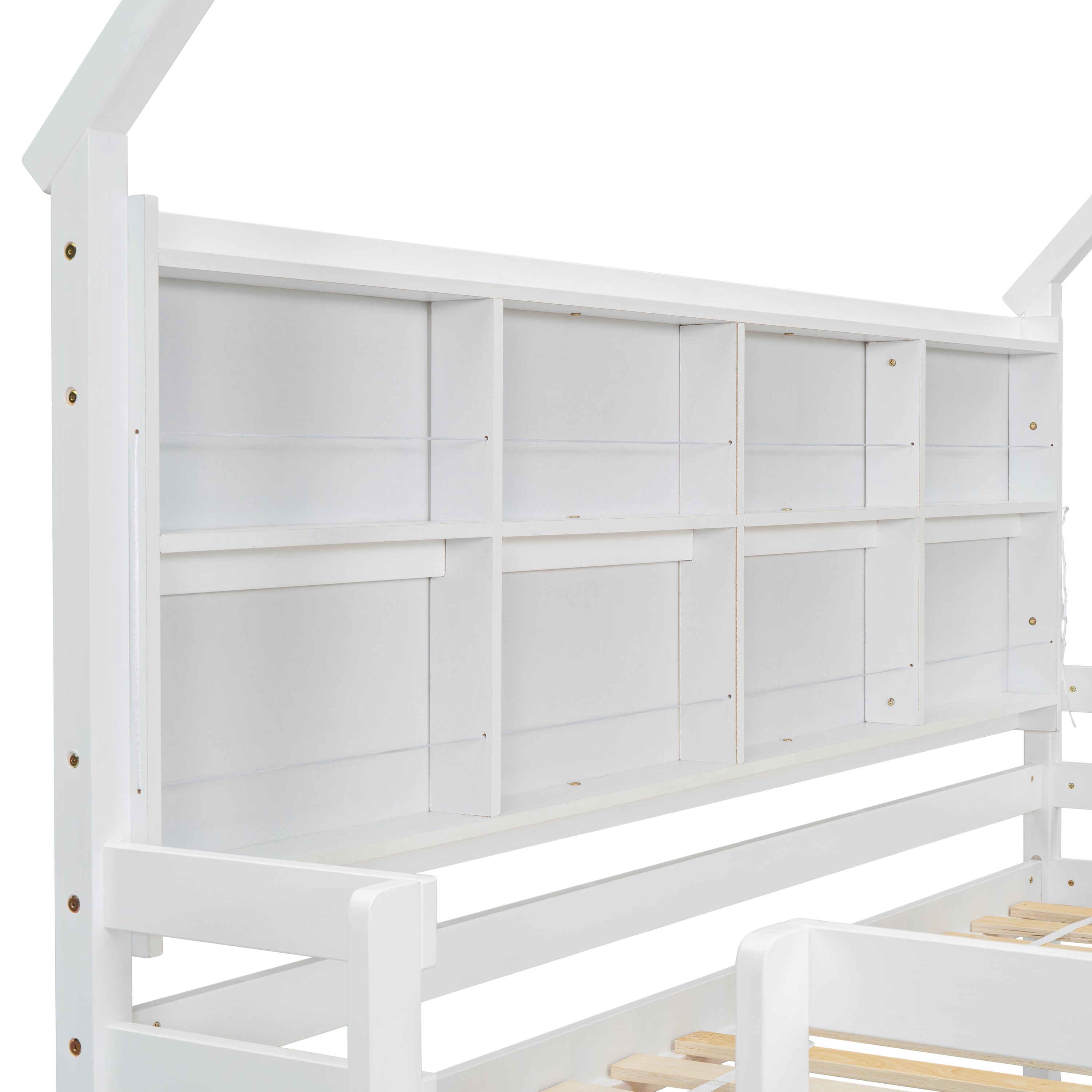 Twin Over Twin Low Bunk Bed with House Semi-enclosed Roof,Guardrails, Bedside Shelves and Ladder, White