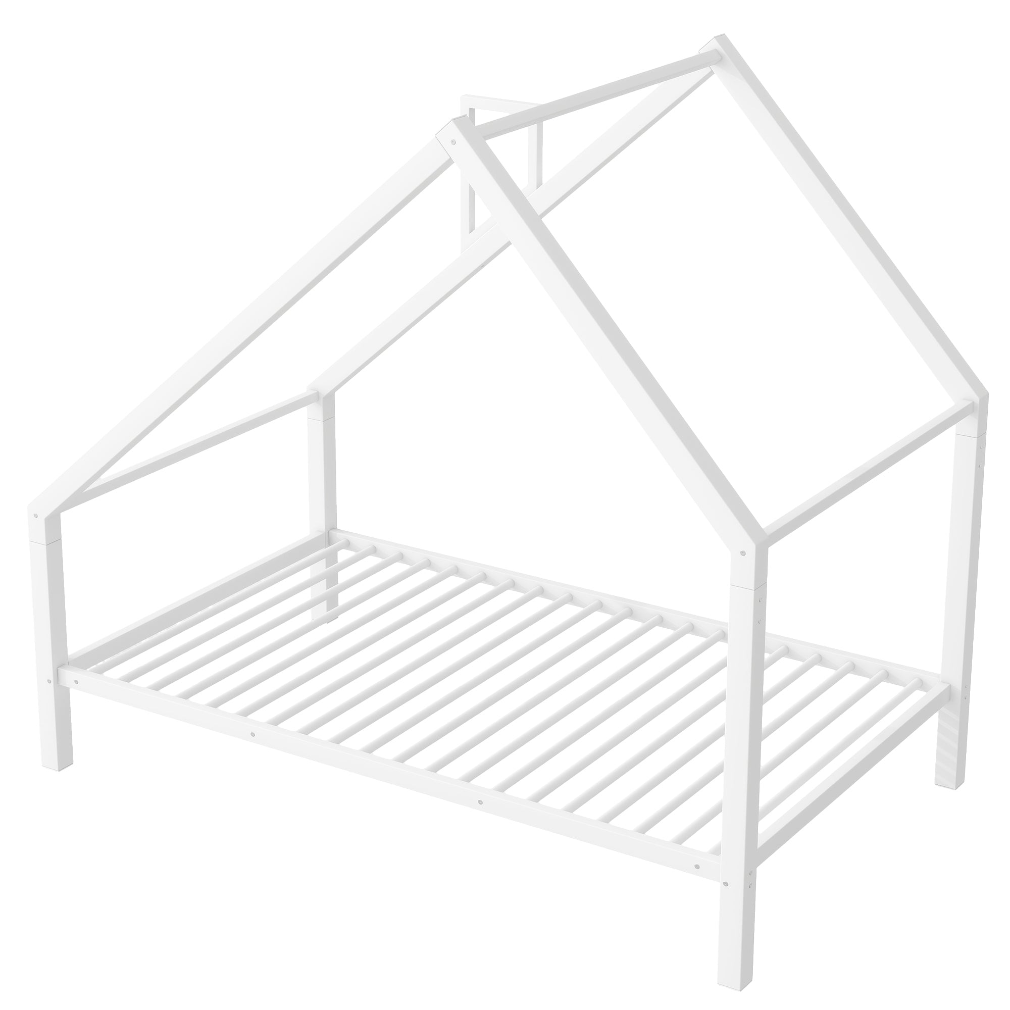 Twin Size Metal House Platform Bed with Roof and Chimney, White