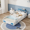 Wooden Race Car Bed,Car-Shaped Platform Twin Bed with Wheels For Teens,White & Blue