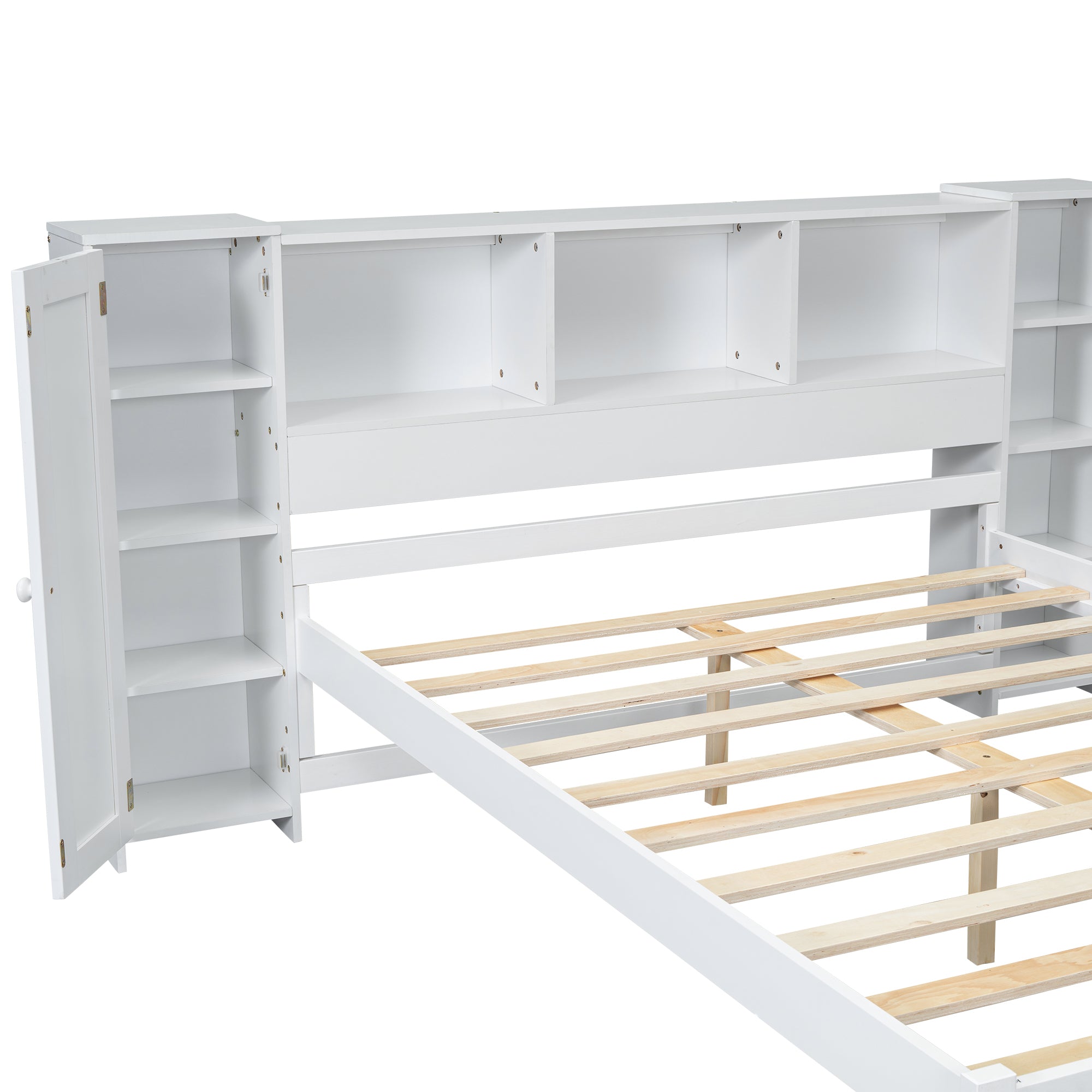 Full Size Platform Bed with Storage Headboard and Lockers, White