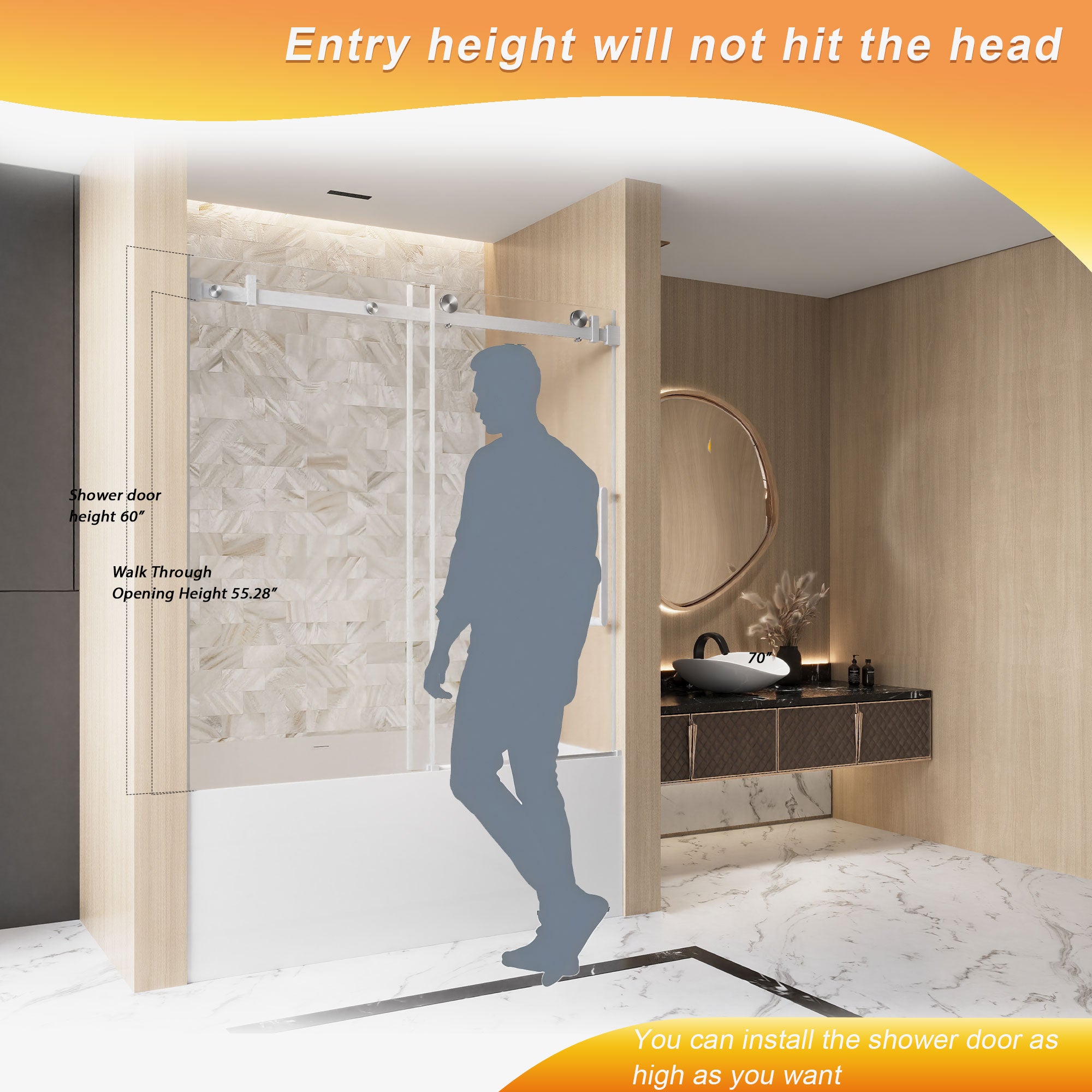 56-60 x 60 in Frameless Single Sliding Square-Tube Tub Door - 56-60 x 60 in / Brushed Nickel / Square Tube view 8