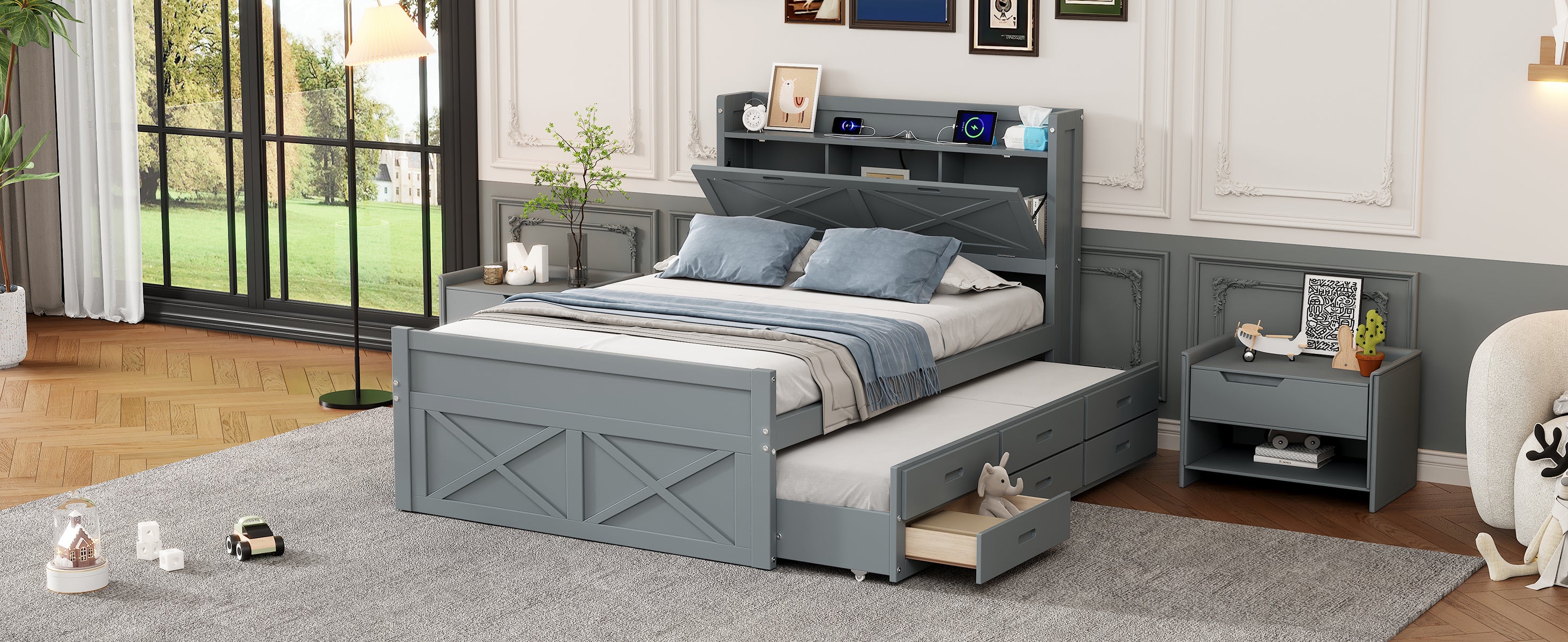 Full Size Wooden Bed with Storage Headboard with Outlets, Extendable Bed with Twin Size Trundle with Three Storage Drawers,Gray