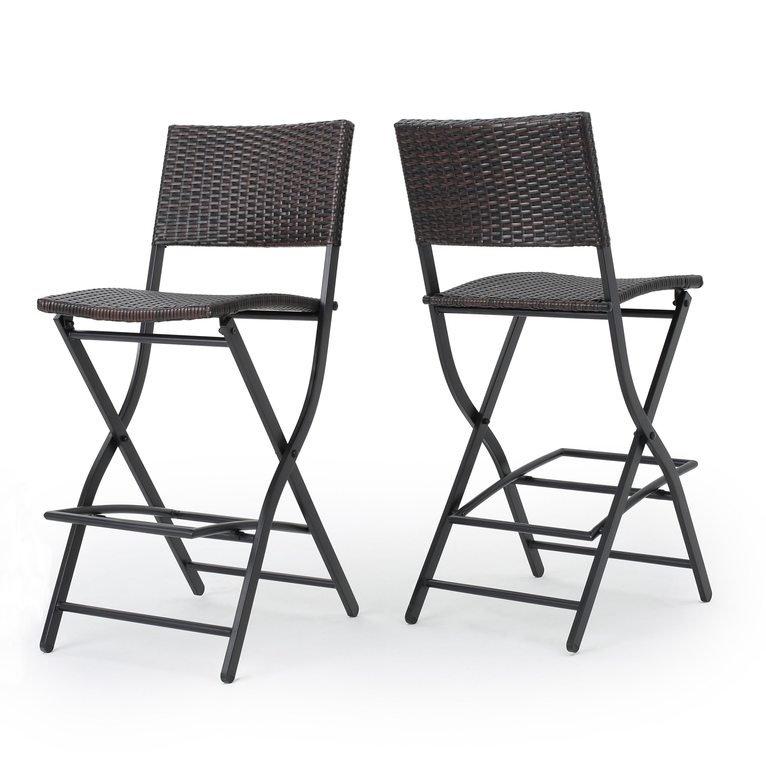 Outdoor Wicker Barstools Faux Rattan Patio Bar Stools Foldable Chair, Multibrown, Set of 2