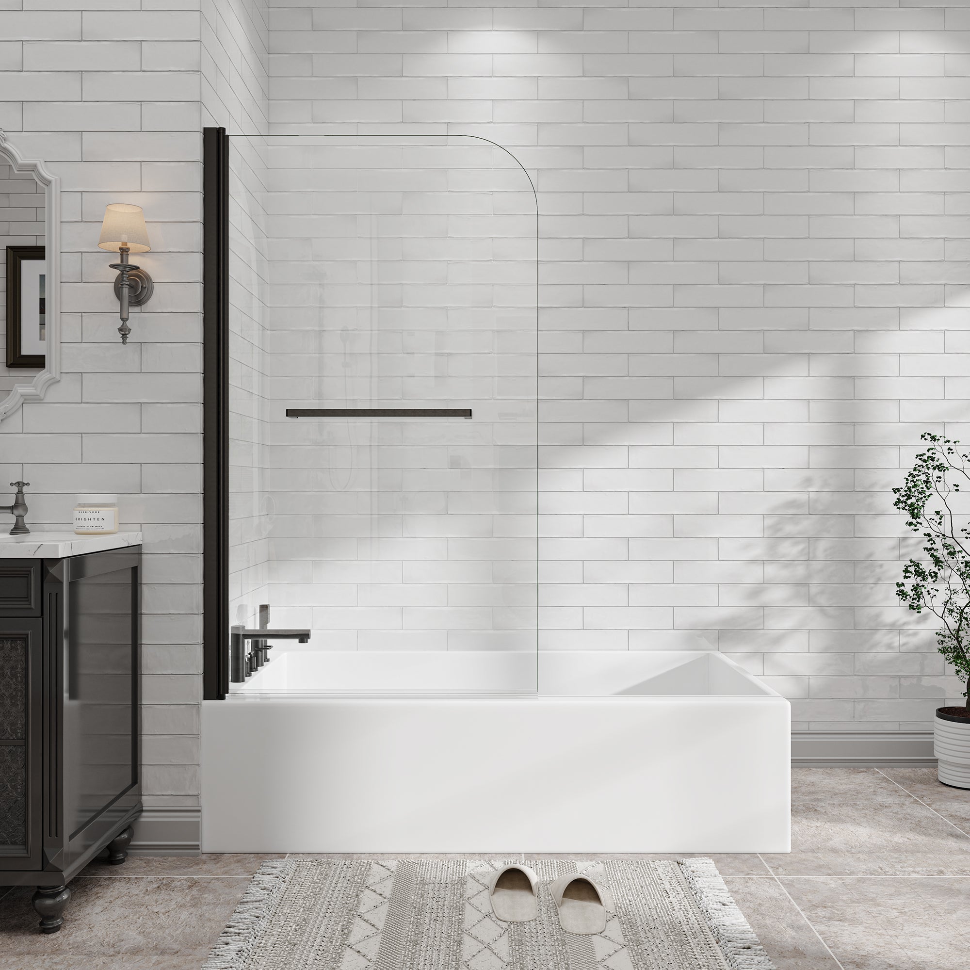Matte black 31-32 in. frameless pivot bathtub screen