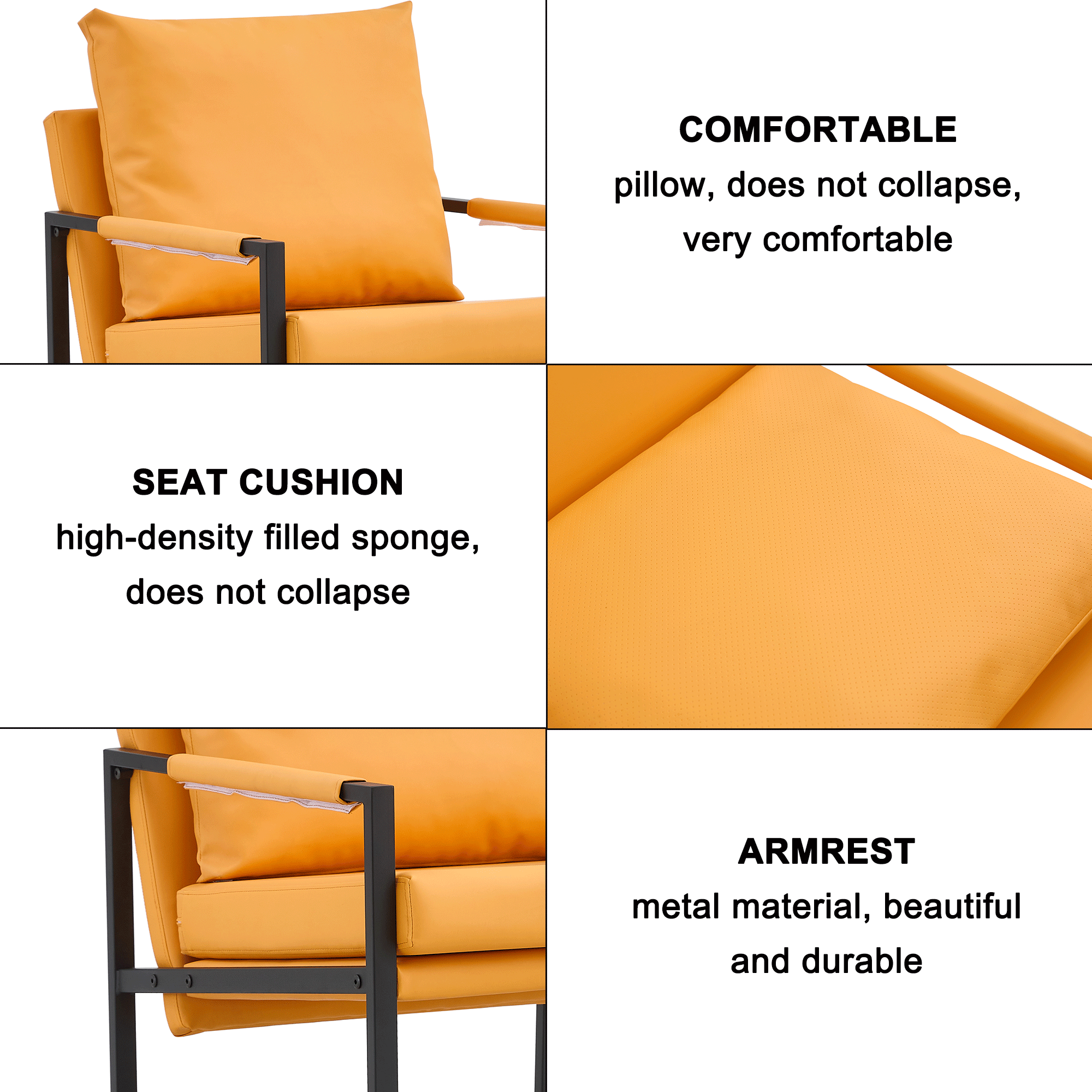 PU Leather Accent Arm Chair Mid Century Upholstered Armchair with Metal Frame Extra-Thick Padded Backrest and Seat Cushion Sofa Chairs for Living Room ( orange PU Leather + Metal Frame + Foam)SF-008