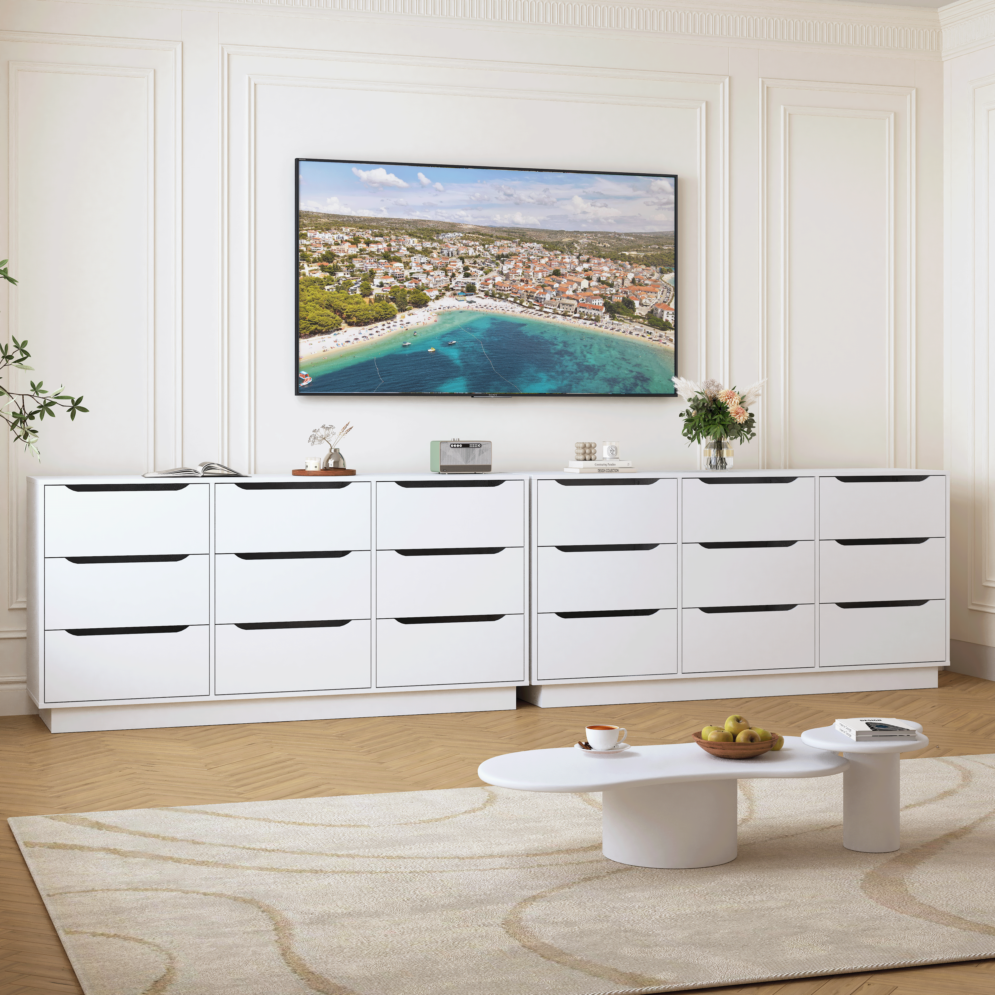 Modern white 9-drawer dresser with deep drawers, detail view