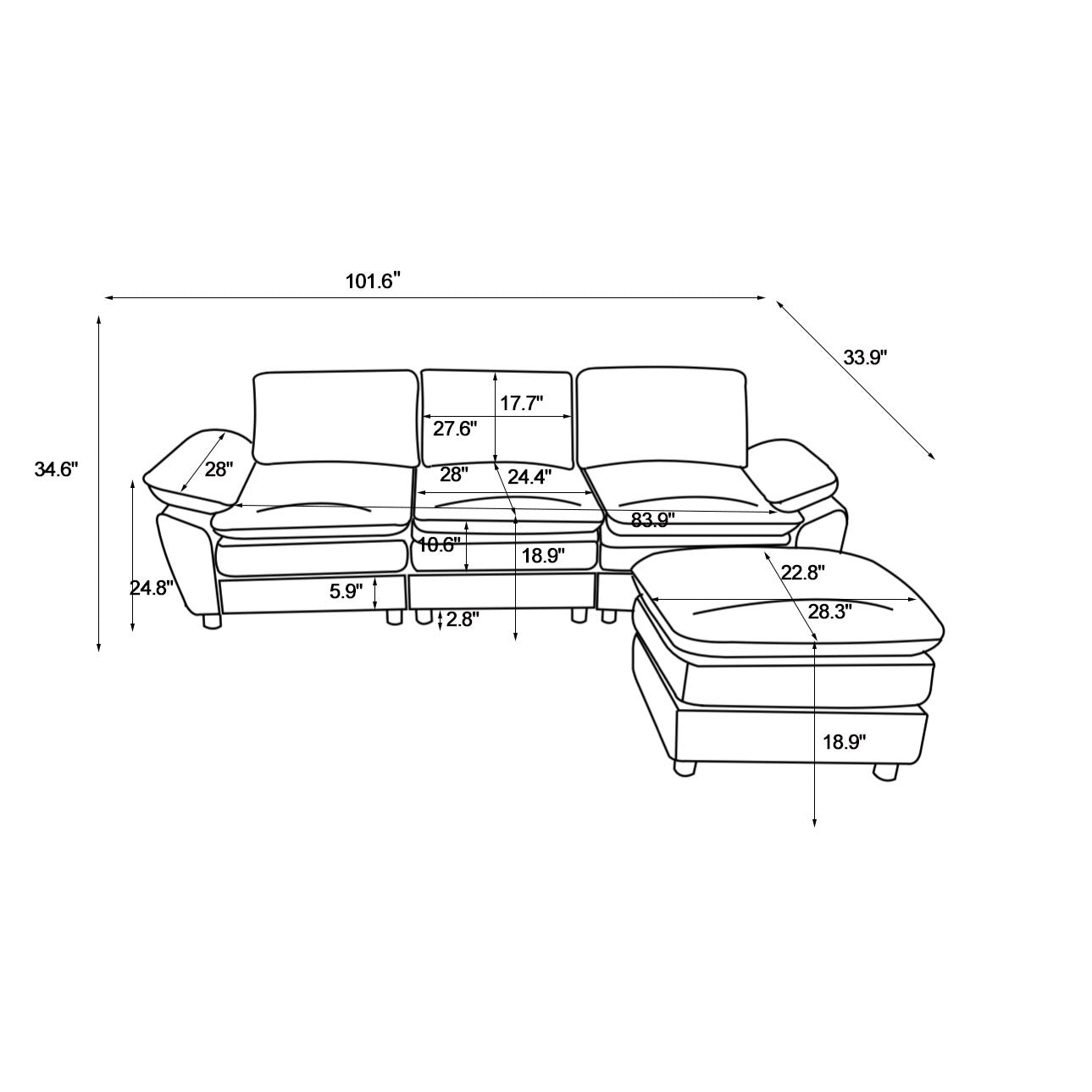 Modern Deep 3-Seat Sofa Couch with Ottoman, Polyester Sofa Sleeper Comfy Upholstered Furniture for Living Room, Apartment, Studio, Office, Orange