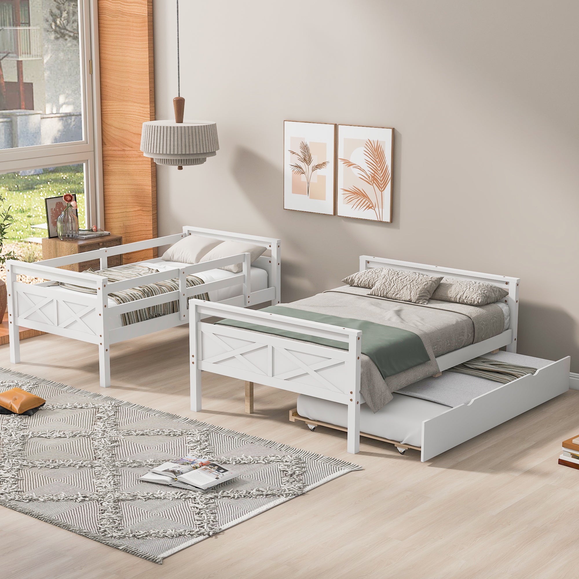 White twin over full bunk bed with safety guardrail, angled view