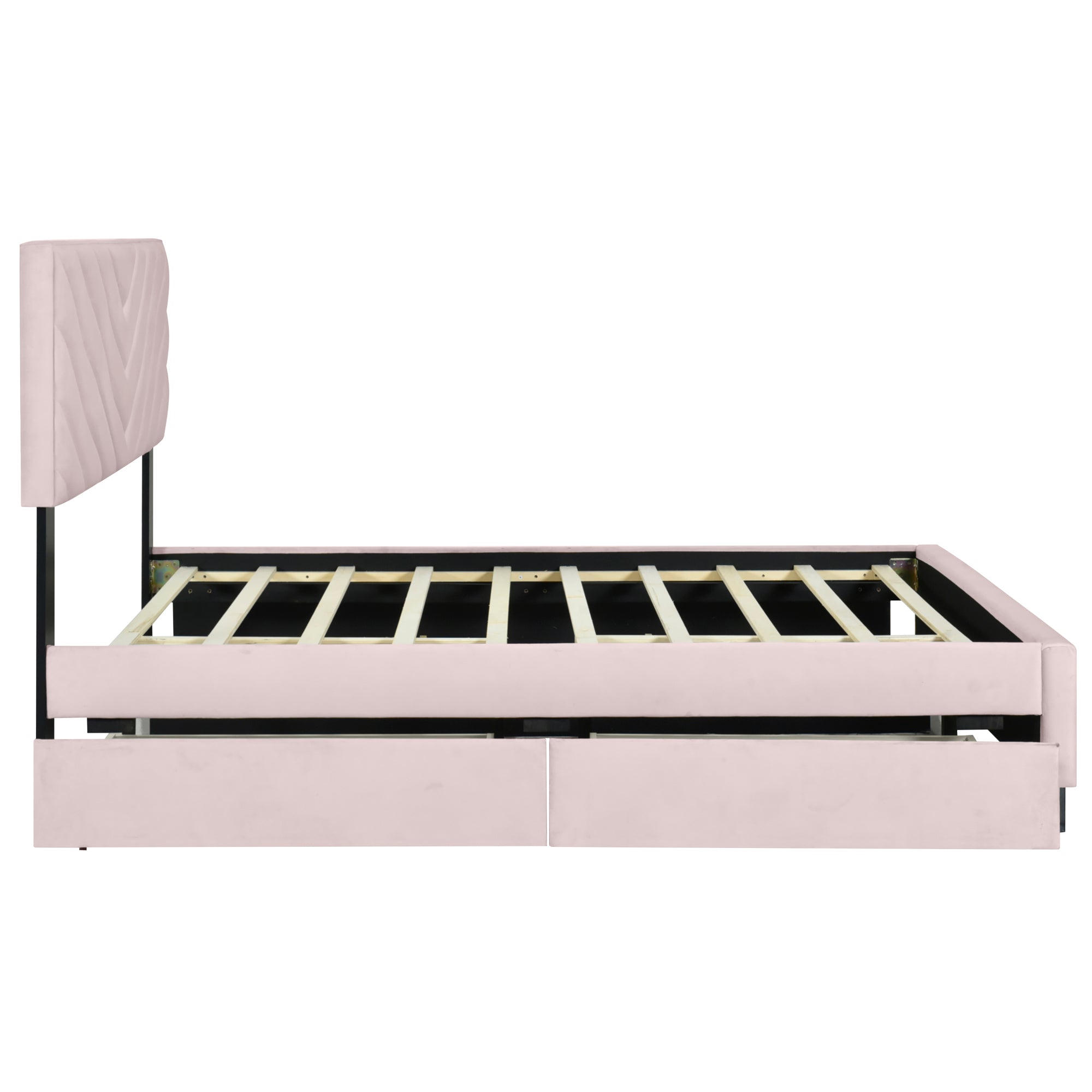 Queen Size Upholstered Platform Bed with Twill Headboard, Pullout Bed and Two Drawers, Flannel,Pink