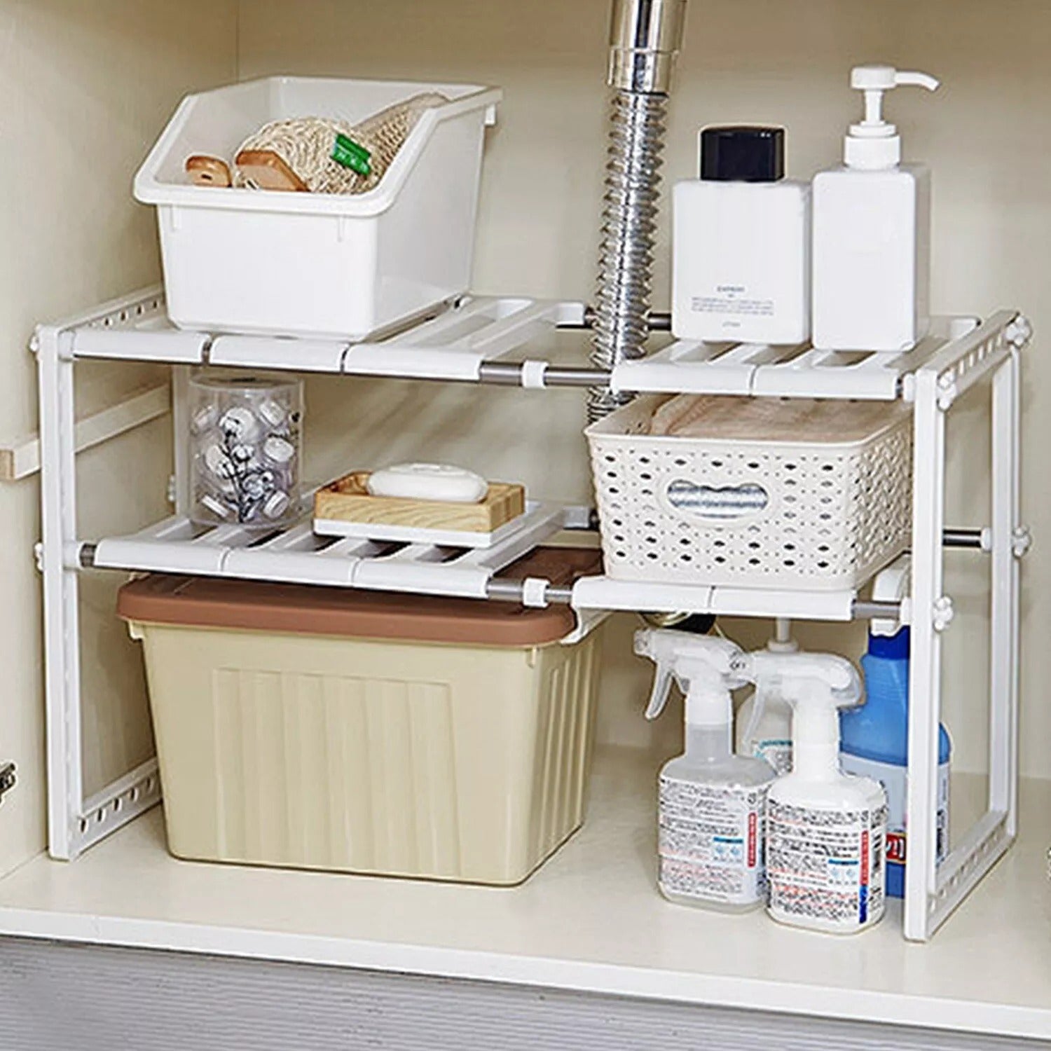 2-Tier Under Sink Cabinet Organizer - Expandable Kitchen Storage Shelf, 22LBS Capacity