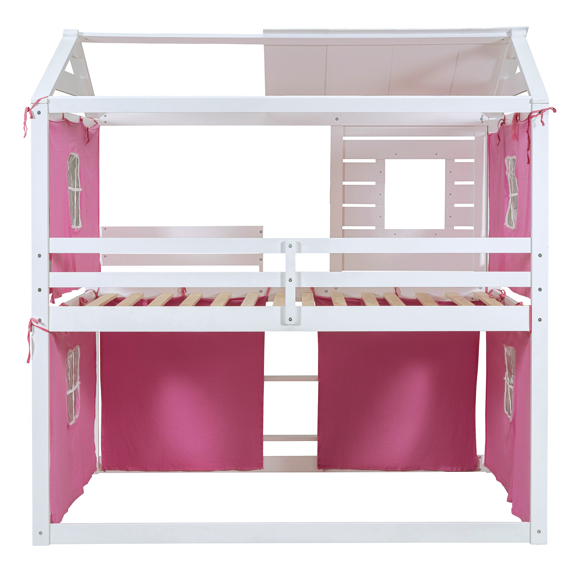 Full Size Bunk Wood House Bed with Tent, Pink+White