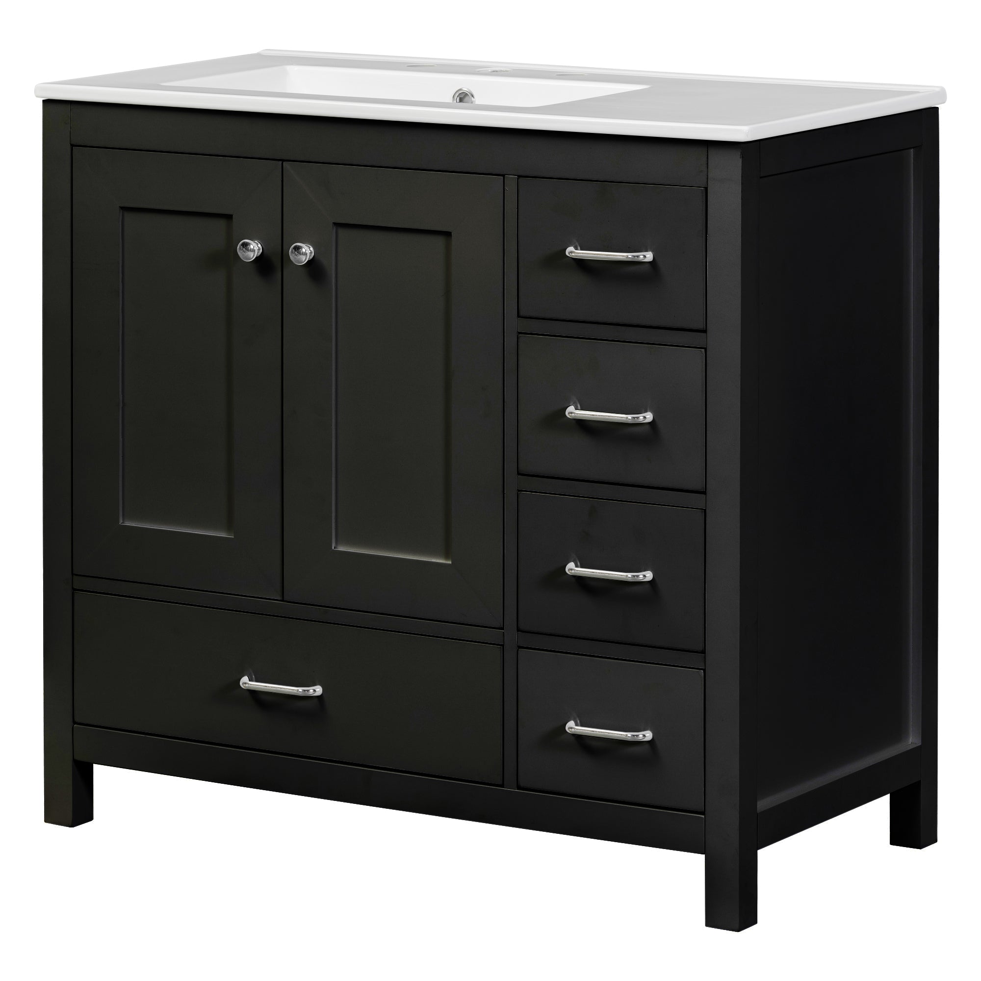 36" Black Bathroom Vanity with Ceramic Sink Combo, Abundant Storage Cabinet -2 Soft close doors and 5 drawers