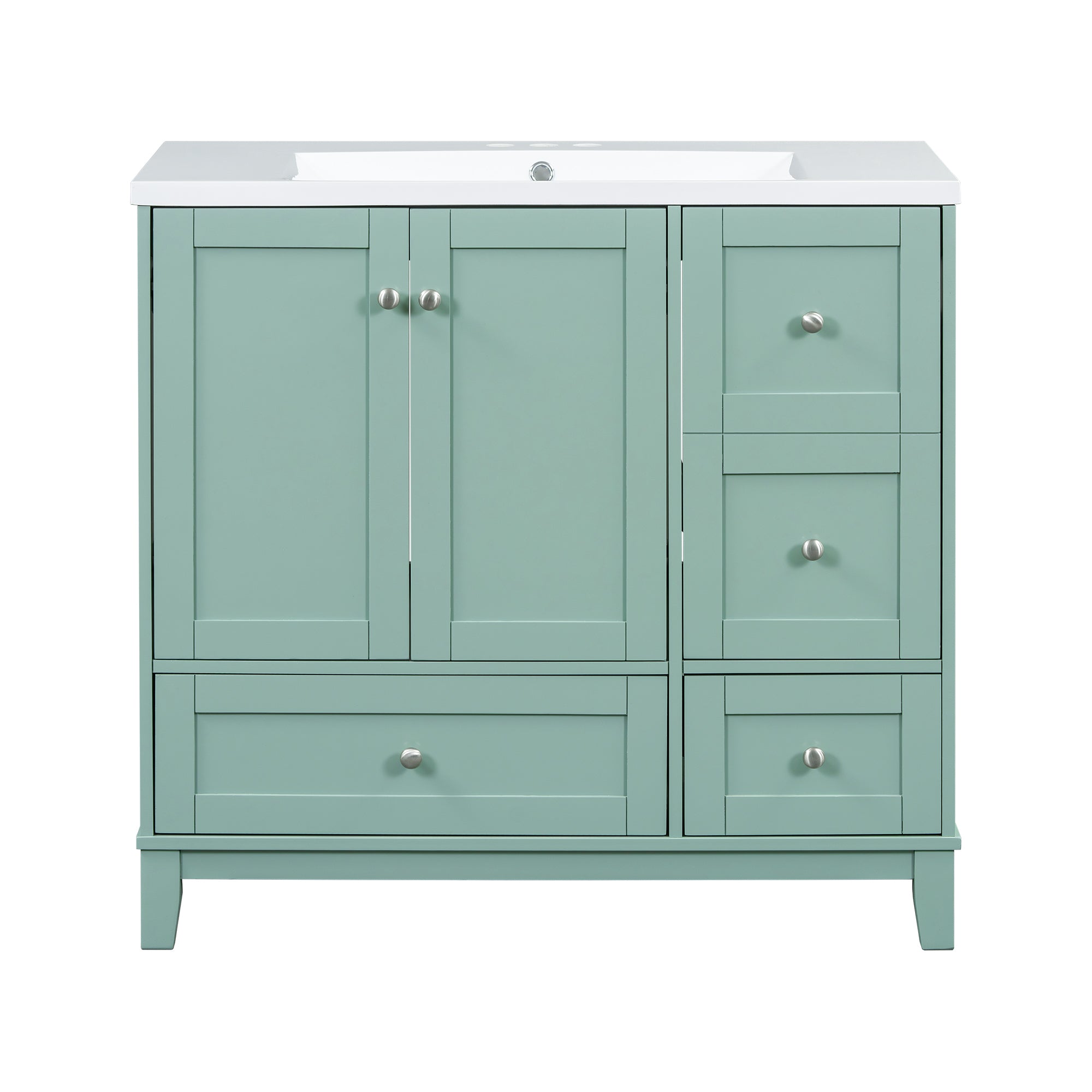 36 Inch Modern Bathroom Vanity with USB Charging, Two Doors and Three Drawers Bathroom Storage Vanity Cabinet, Small Bathroom Vanity cabinet with single sink , Green - Faucets Not Included