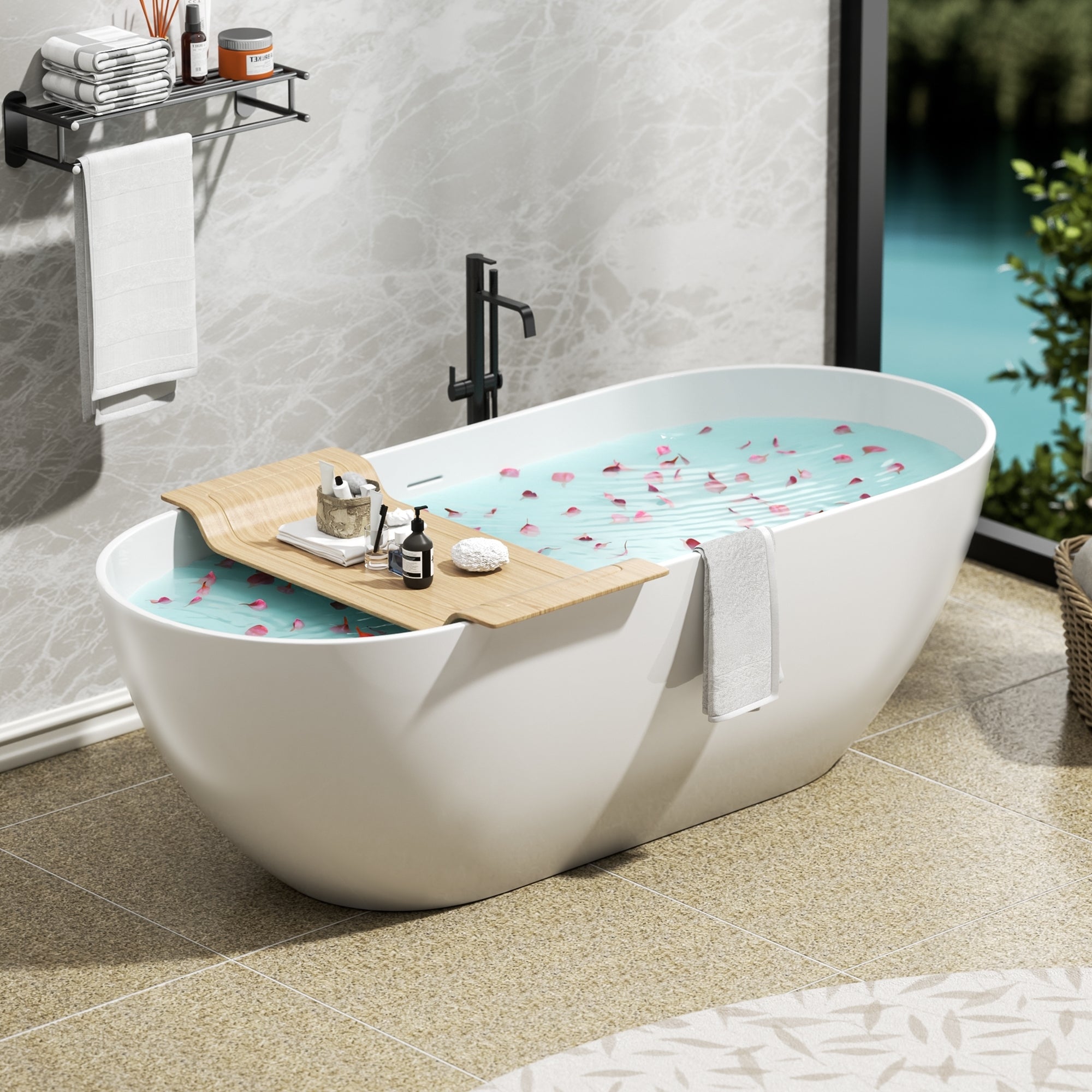 59" Luxury Handcrafted Stone Resin Freestanding Soaking Bathtub with Overflow in Matte White, cUPC Certified - 24S03-59MW