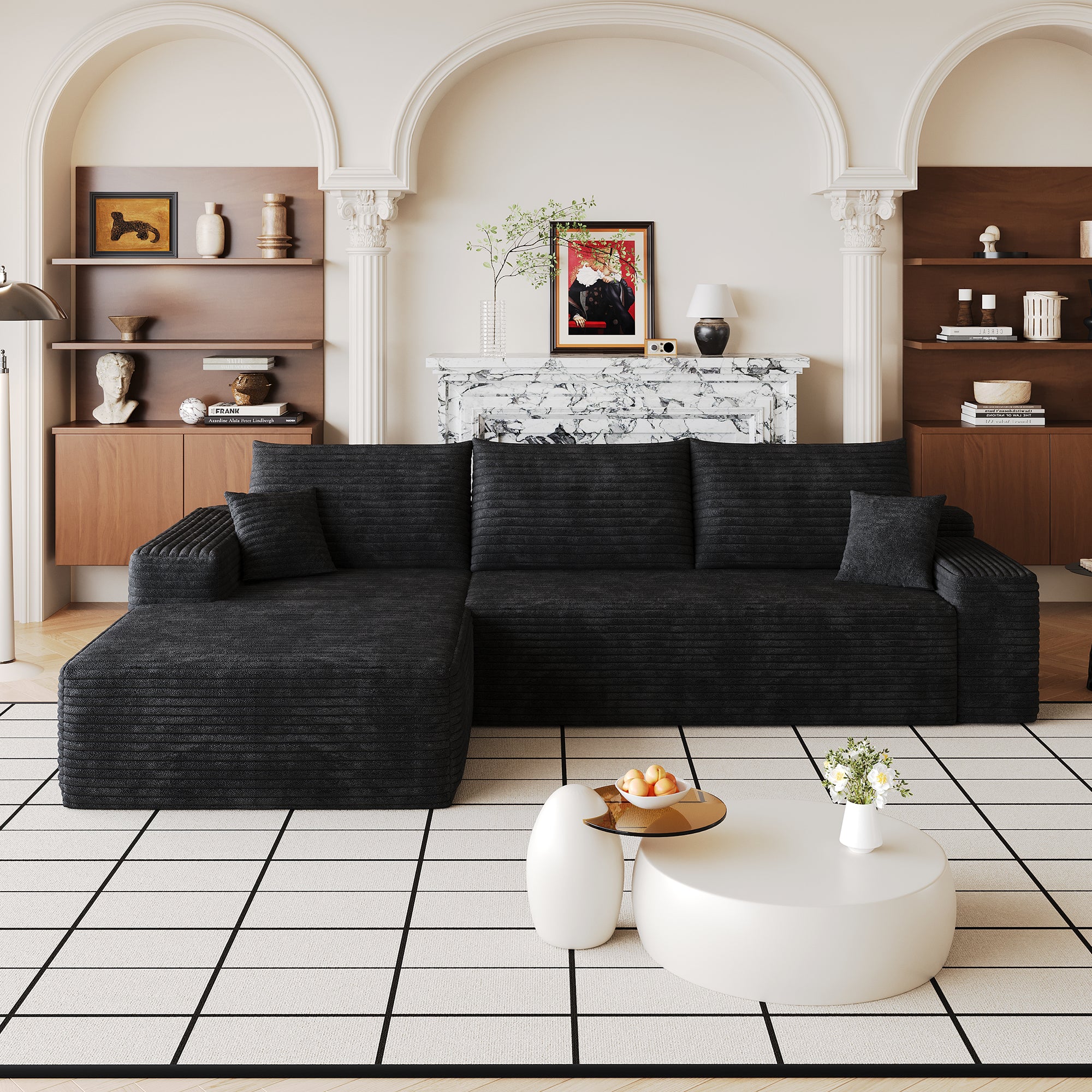 Black corduroy L-shape sectional sofa 107 inch front view