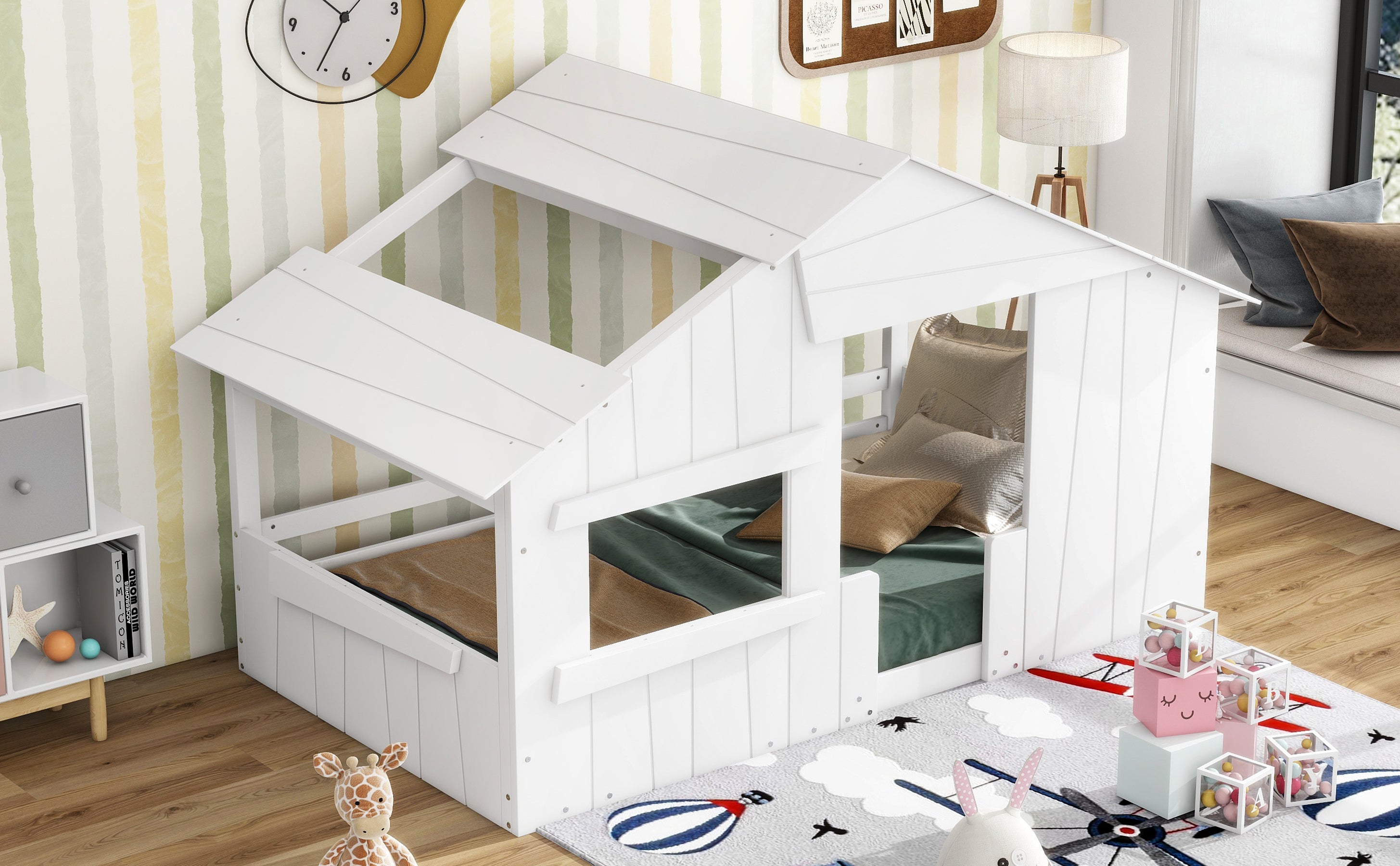 Wood Twin Size House Bed with Roof, Window and Guardrail, White