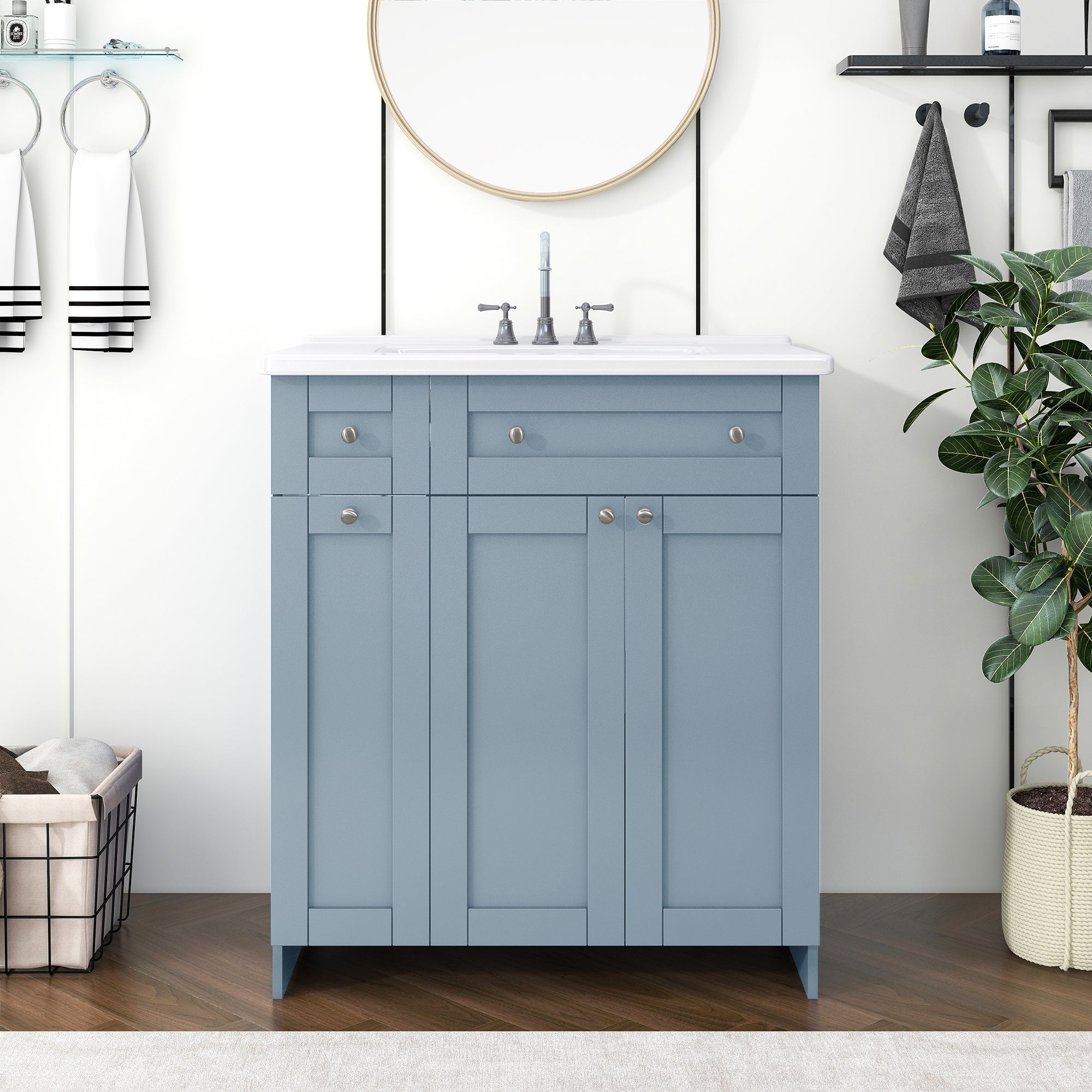 30-Inch Blue Bathroom Vanity with Ceramic Sink Combo, Abundant Storage Cabinet - 2 Soft close Doors and Double-tier Deep Drawer