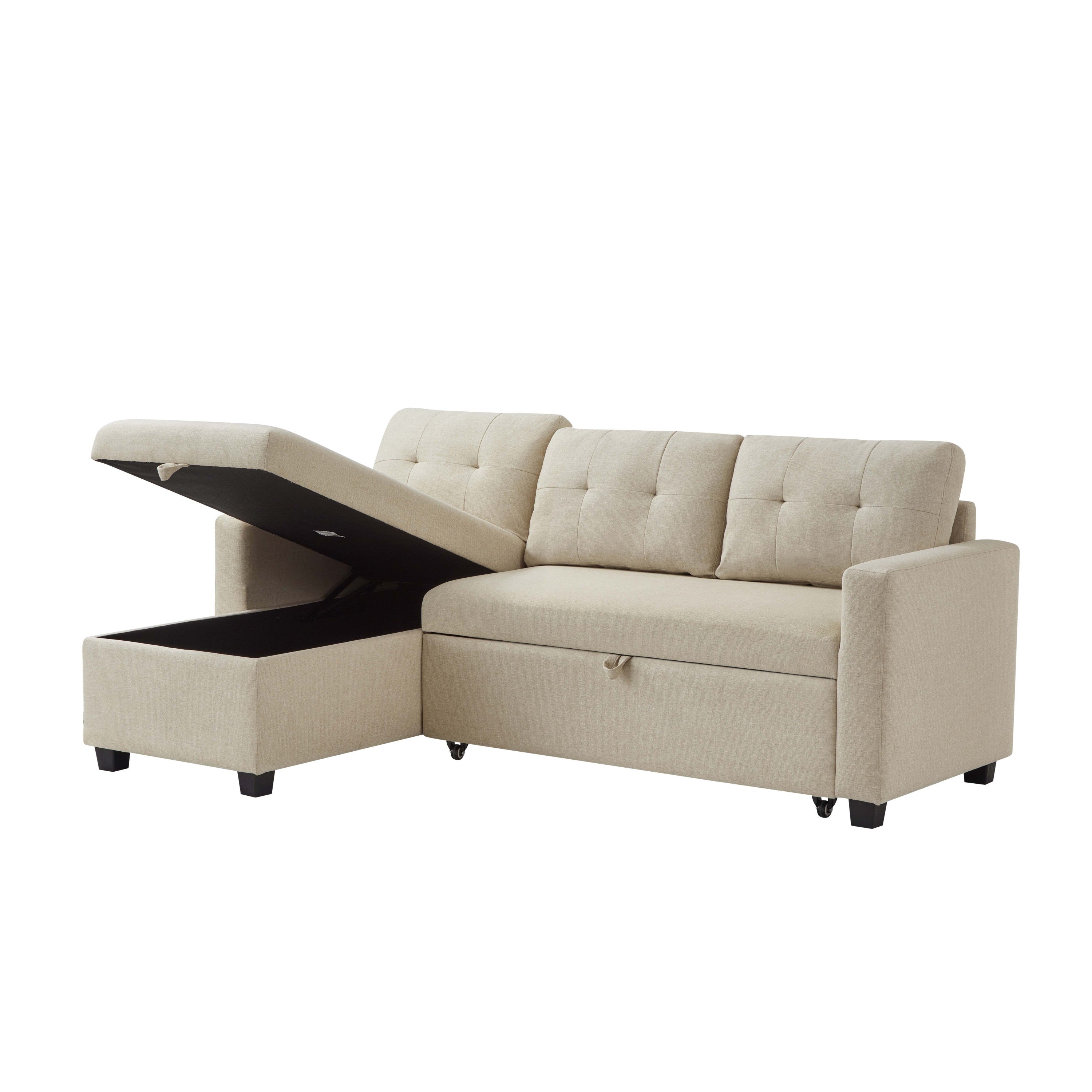 Upholstered Pull Out Sectional Sofa with Storage Chaise, Convertible Corner Couch, Beige