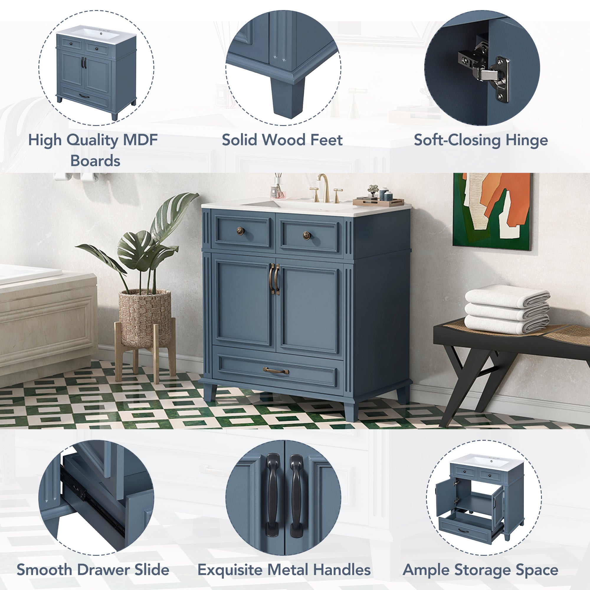 30-inch retro blue bathroom vanity with ceramic sink, styled bathroom setting