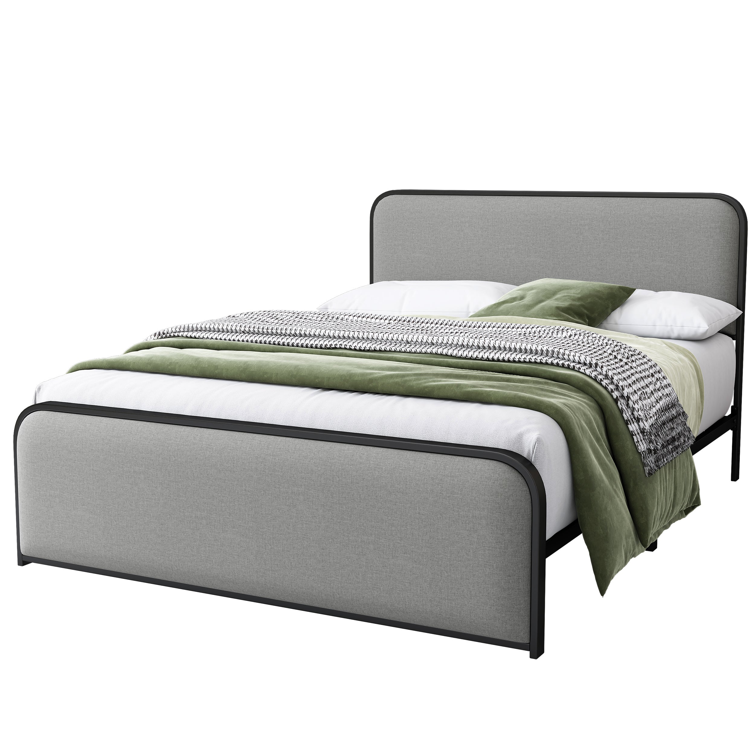 Modern Metal Bed Frame with Curved Upholstered Headboard and Footboard Bed with Under Bed Storage, Heavy Duty Metal Slats, Queen Size, Grey