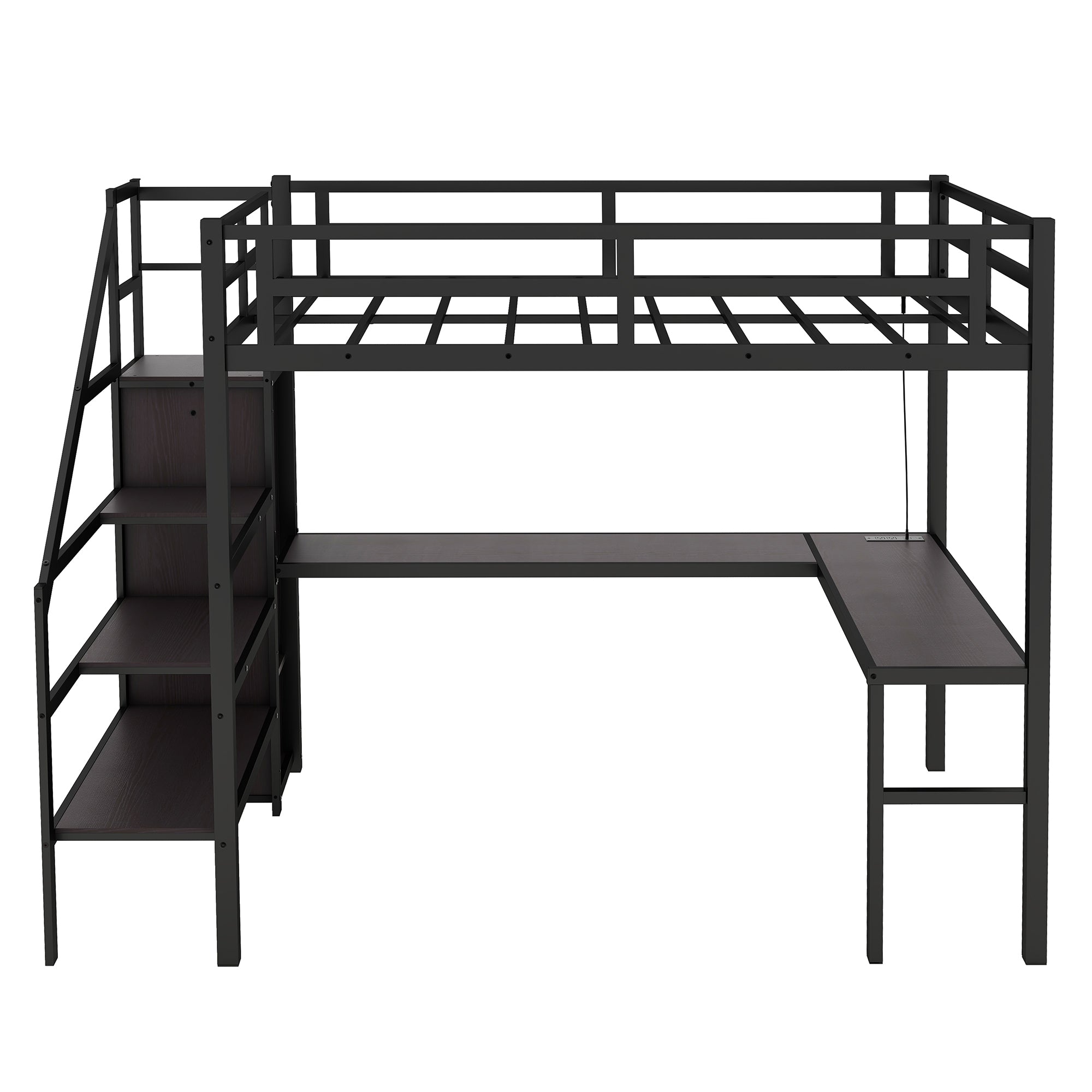 Full XL Size Loft Bed with L-shaped Desk and USB, Metal Loft Bed with Wardrobe and Adjustable Shelf, High Loft Bed with LED for Kids Teens Adults, Black(Expect Arrive 2024/10/10)