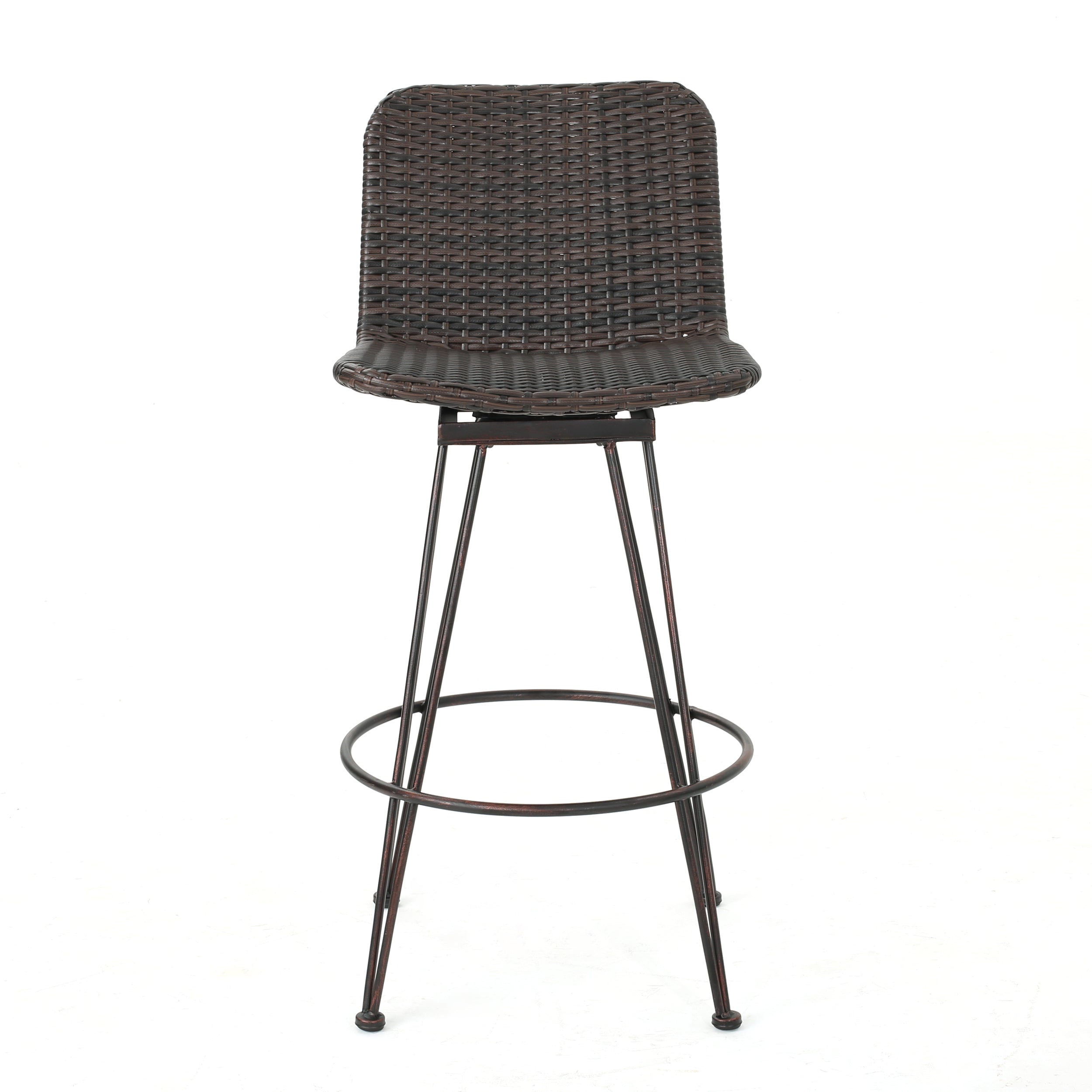 28" Outdoor PE Rattan Barstools with Black Brush Copper Iron Frame, Multibrown (Set of 2)