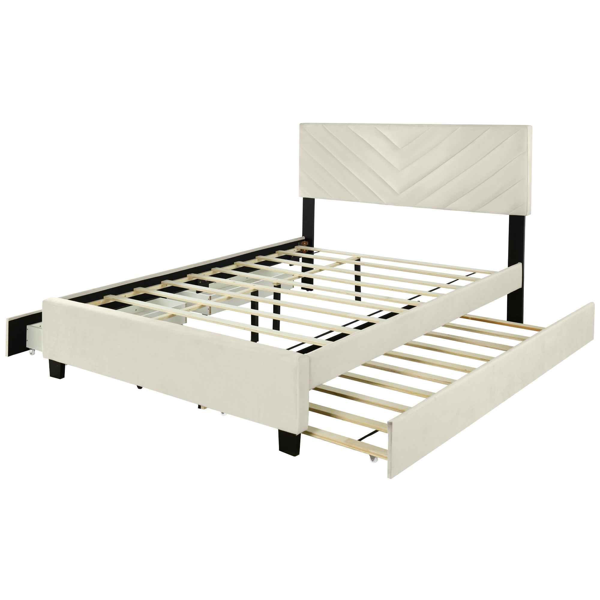 Queen Size Upholstered Platform Bed with Twill Headboard, Pullout Bed and Two Drawers, Flannel, Beige