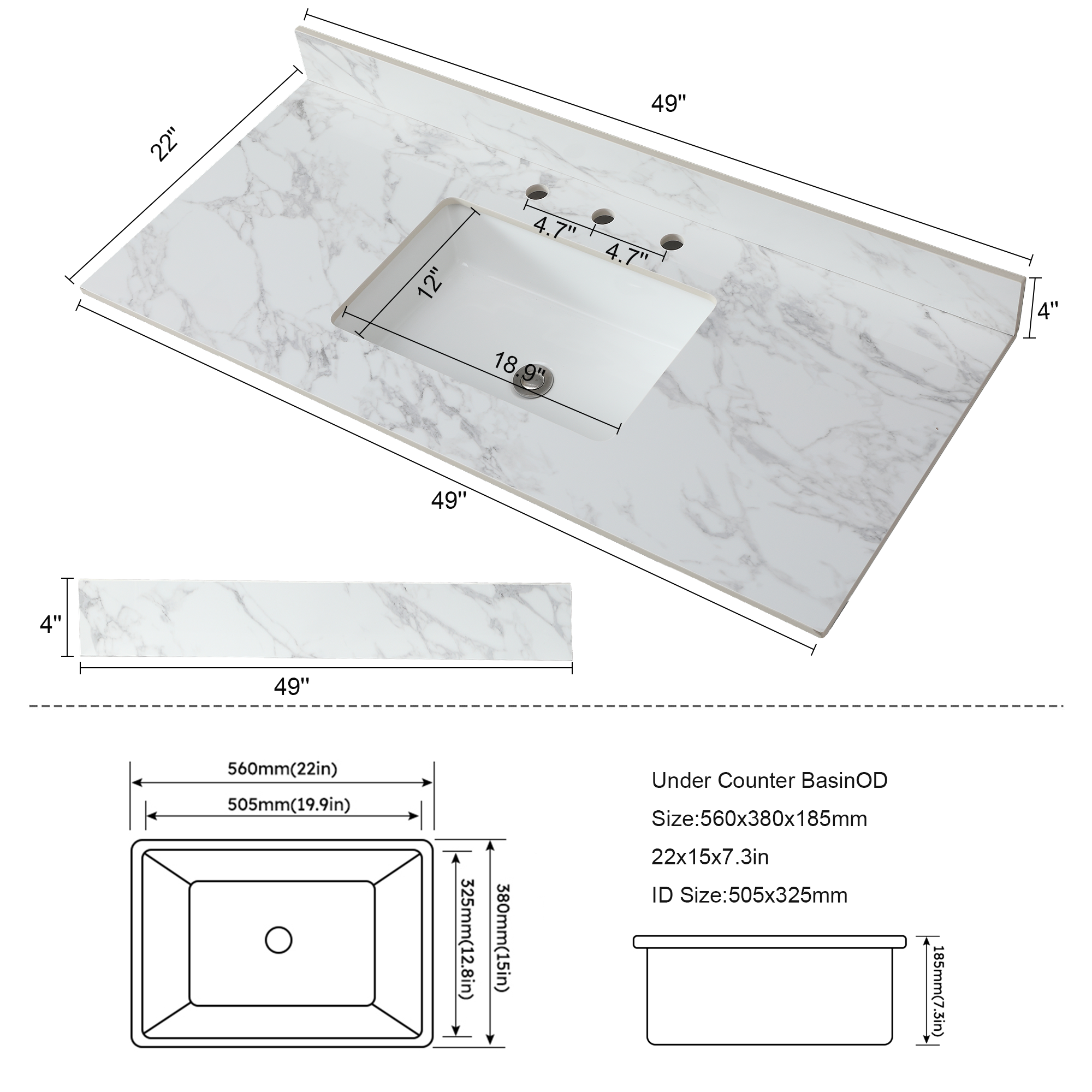 49"x22"Bathroom Vanity Top,sintered stone carra white   Barthroom Vanity Sink Tops with Rectangular Undermount Ceramic Sink with Vanity Backsplash, Three Faucet Hole Bathroom Vanity Countertop