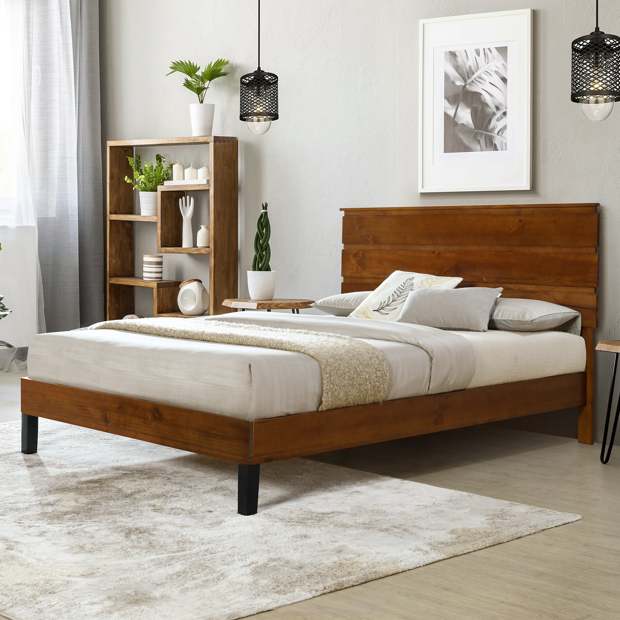 Mid-Century Modern Solid Wood Bed Frame Full Size Platform Bed with Three-Piece Headboard Design, No Box Spring Needed, Brown