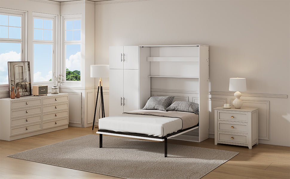 Full Size Murphy Bed with Lockers and Wardrobes, White