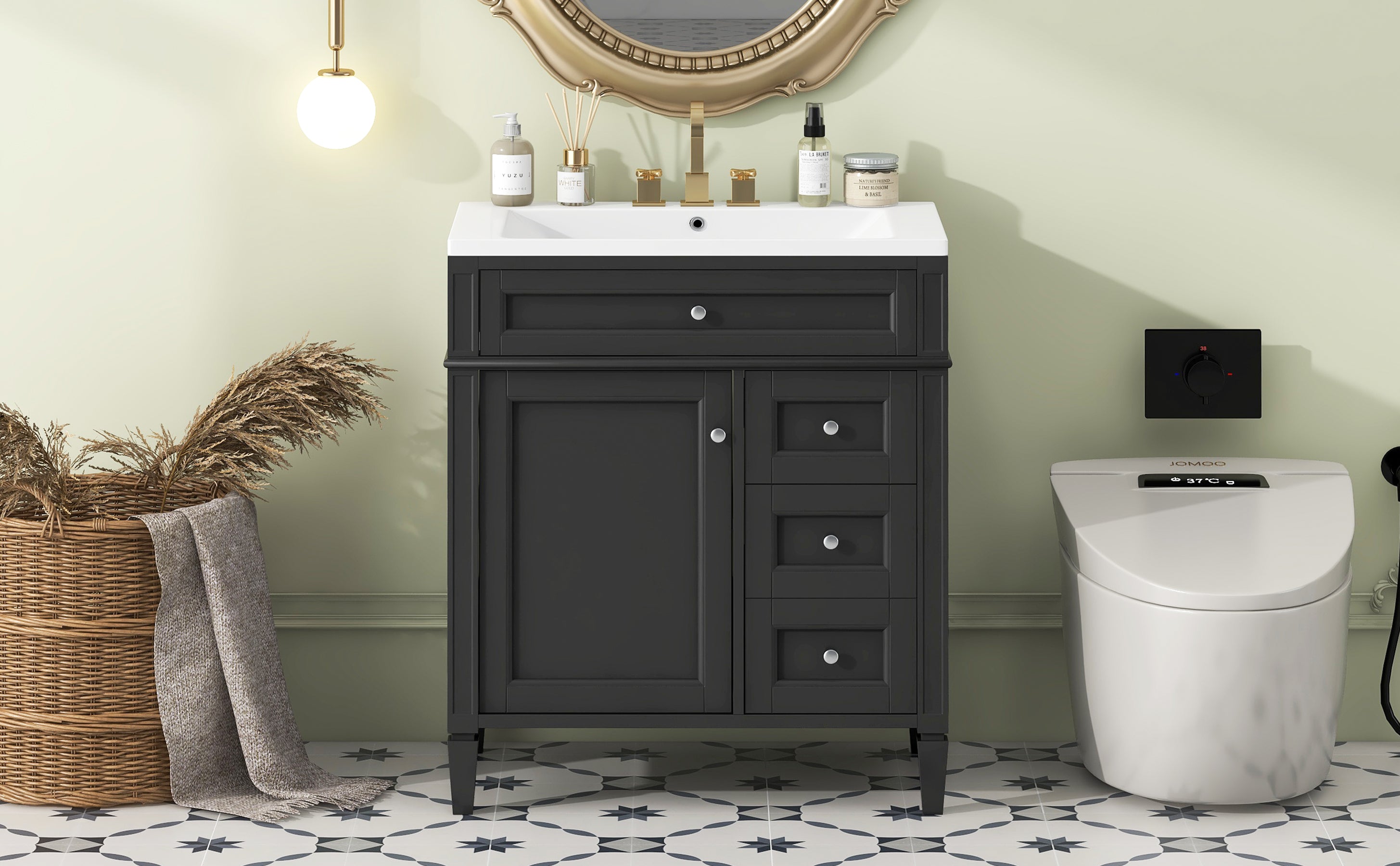 30'' Bathroom Vanity with Top Sink, Modern Bathroom Storage Cabinet with 2 Drawers and a Tip-out Drawer, Single Sink Bathroom Vanity