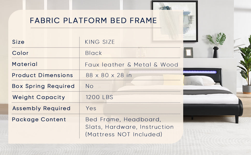 Modern Upholstered Platform Bed Frame with LED Lights Headboard, Faux Leather Wave-Like Platform Bed Frame,Strong Wood Slats Support, Easy Assembly, Black, King Size