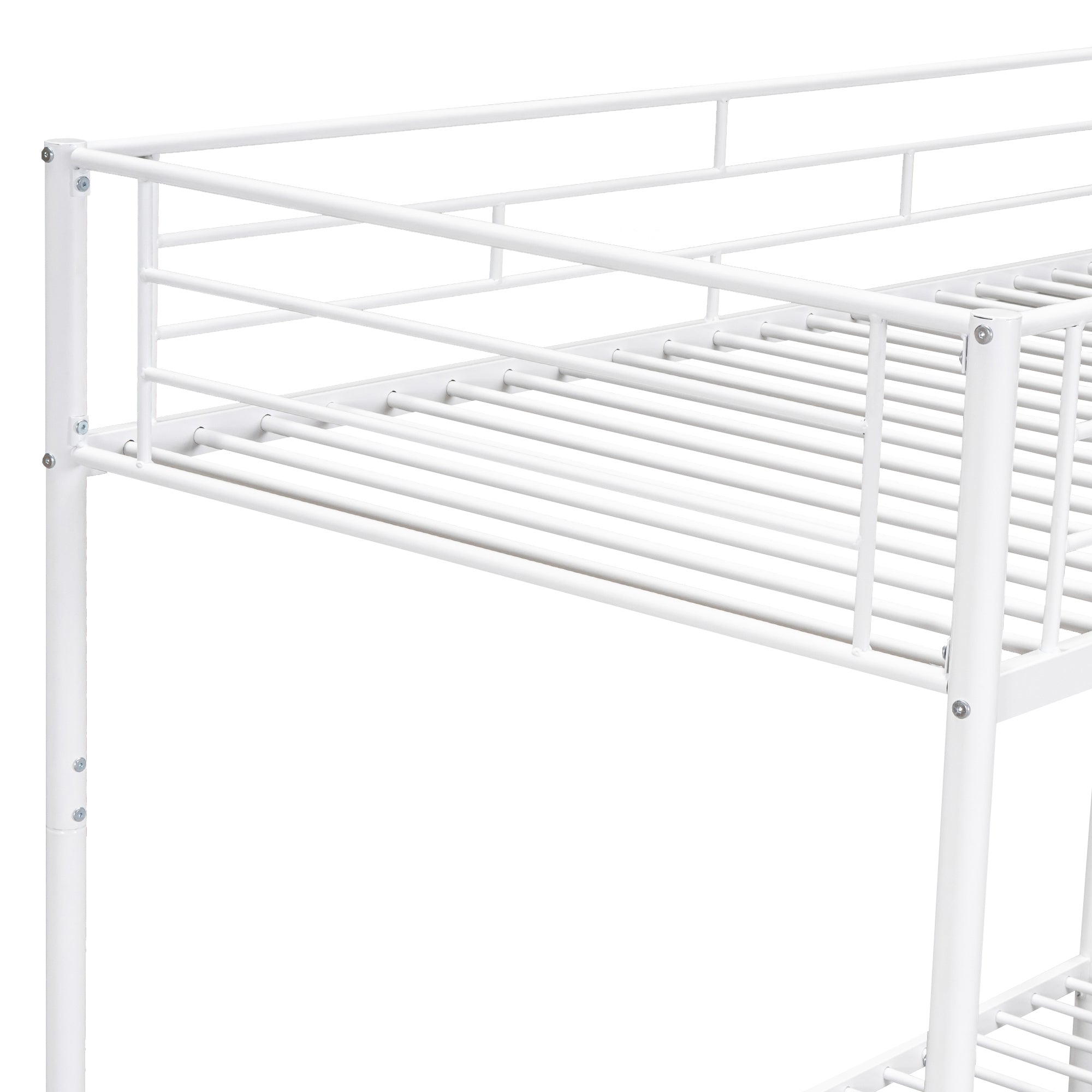 Twin Over Twin Metal Bunk Bed with Shelf and Guardrails, White