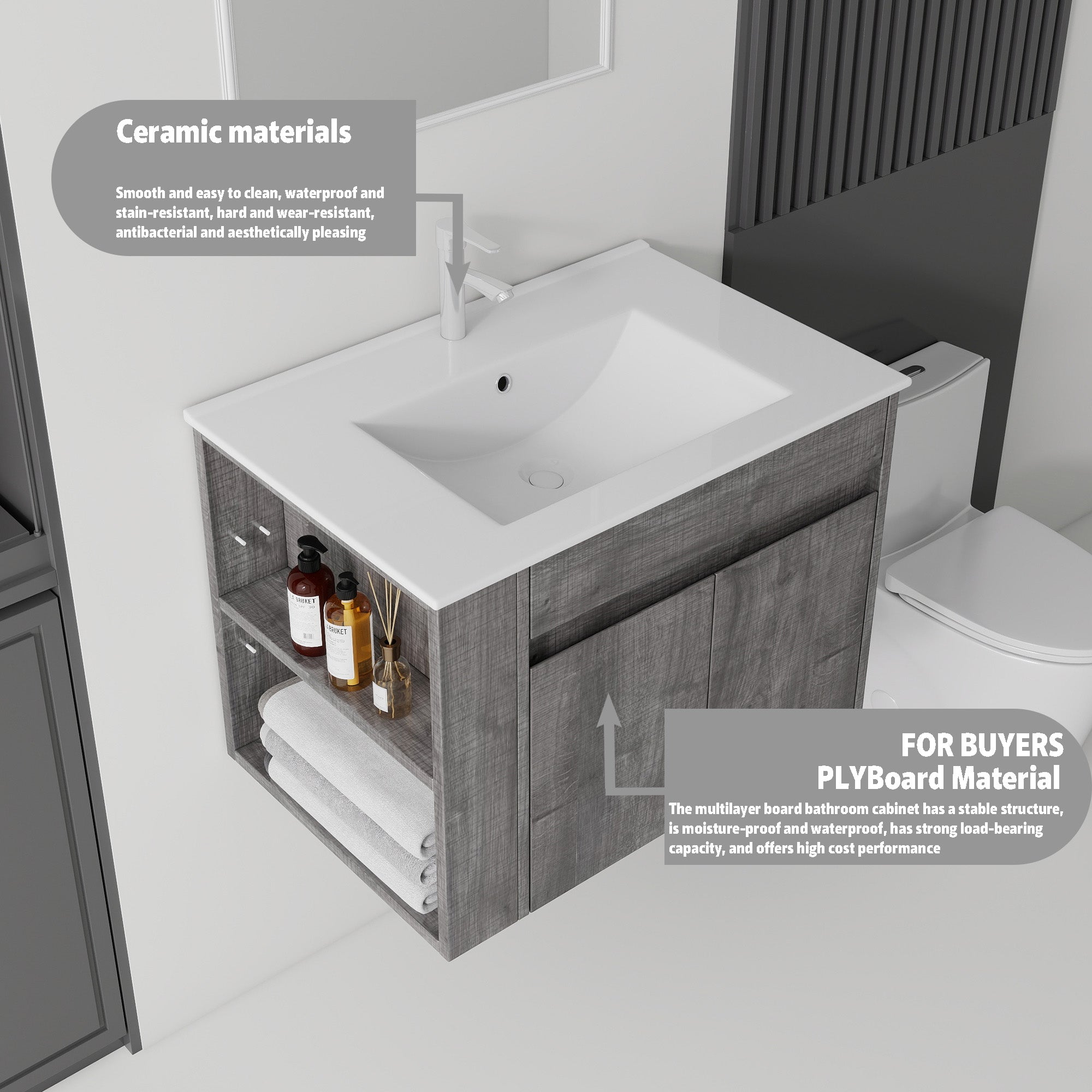 Grey plywood floating bathroom vanity with ceramic sink, angled view