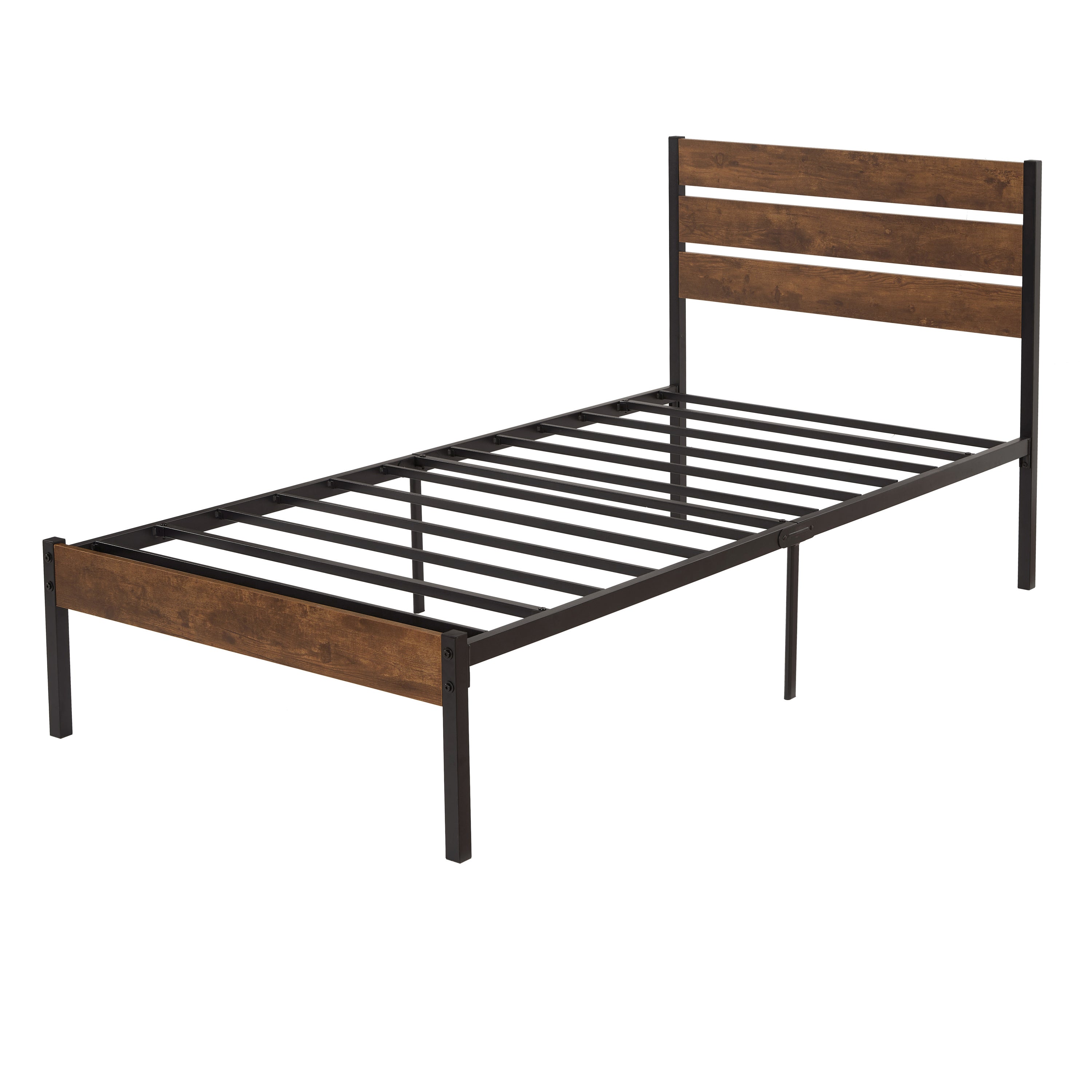 Twin Size Bed Frame with Wood Headboard, Metal Frame with Strong Slats, Noise Free,No Box Spring Needed-Brown