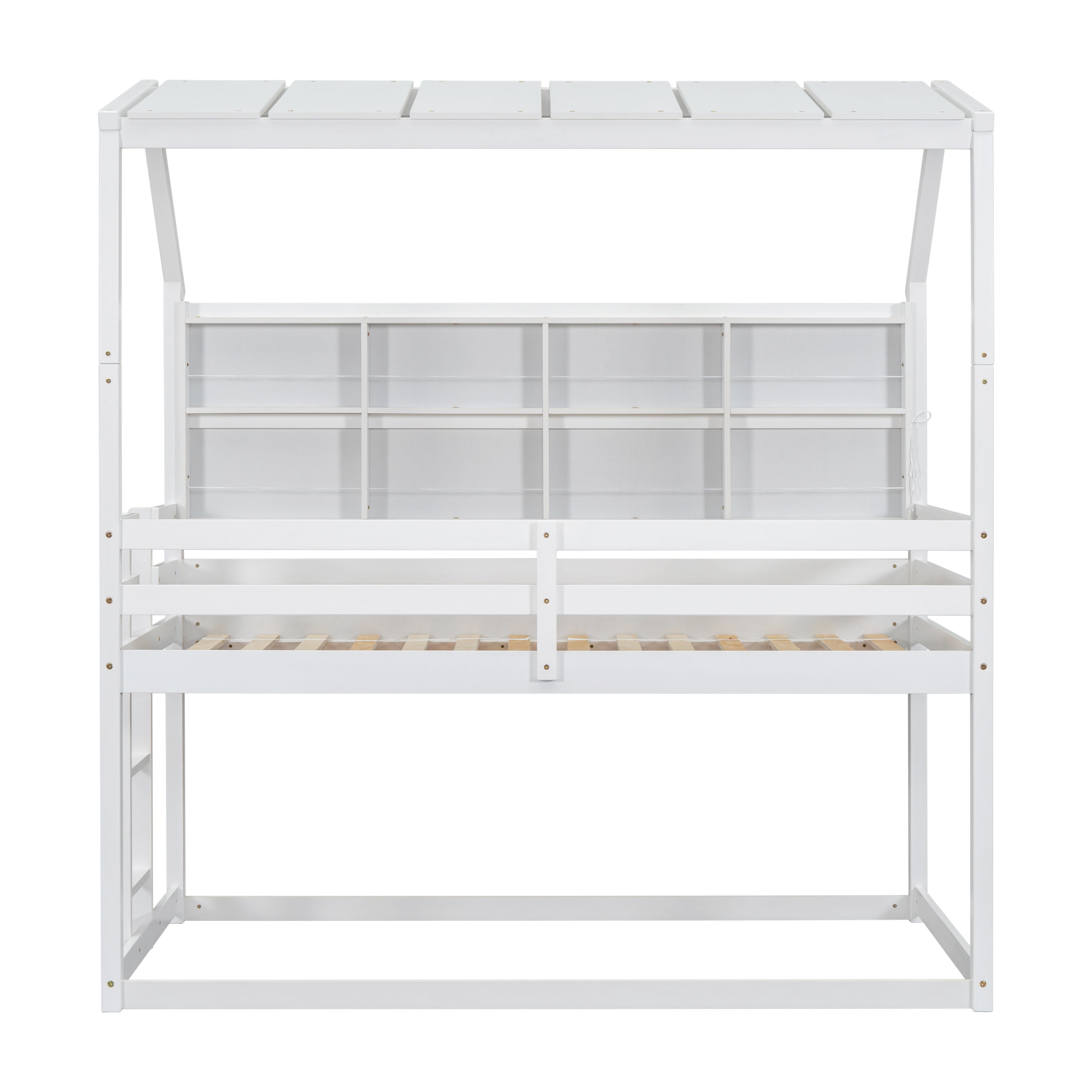 Twin Over Twin Low Bunk Bed with House Semi-enclosed Roof,Guardrails, Bedside Shelves and Ladder, White