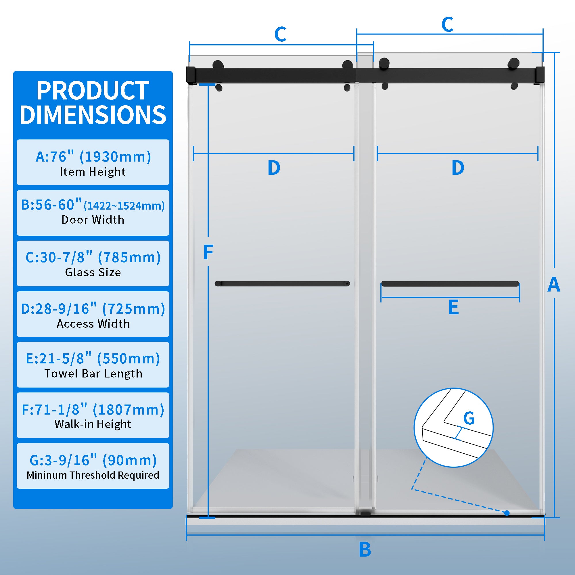 56" - 60" W × 76" H Double Sliding Framless Soft-Close Shower Door With 3/8 inches (10mm) Tempered Safety Glass, Matte Black Finish