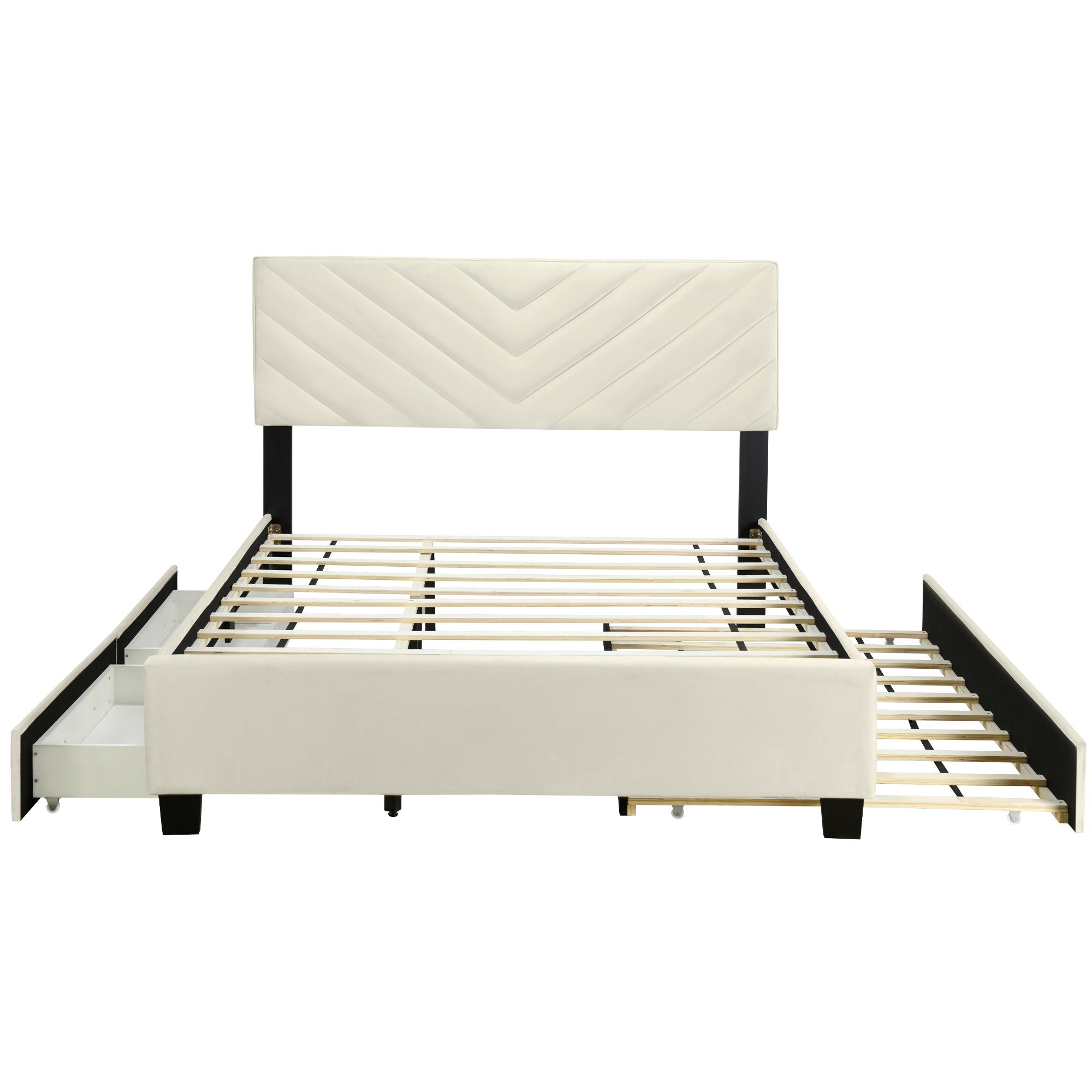 Queen Size Upholstered Platform Bed with Twill Headboard, Pullout Bed and Two Drawers, Flannel, Beige