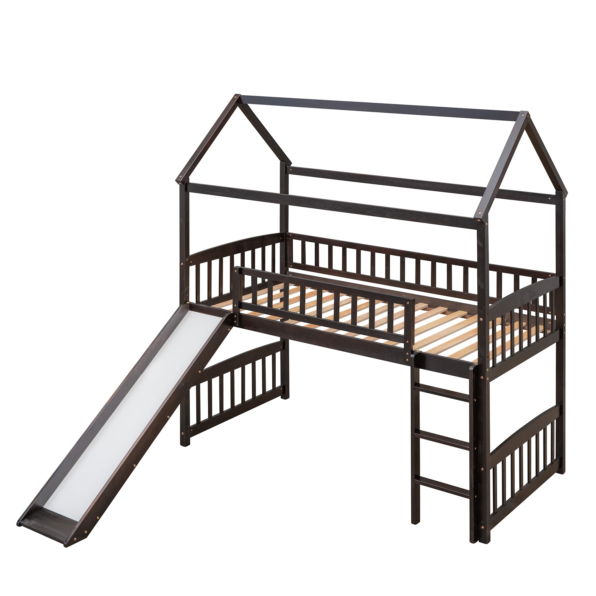 Twin Loft Bed with Slide, House Bed with Slide,Espresso(OLD SKU :LT000212AAP)