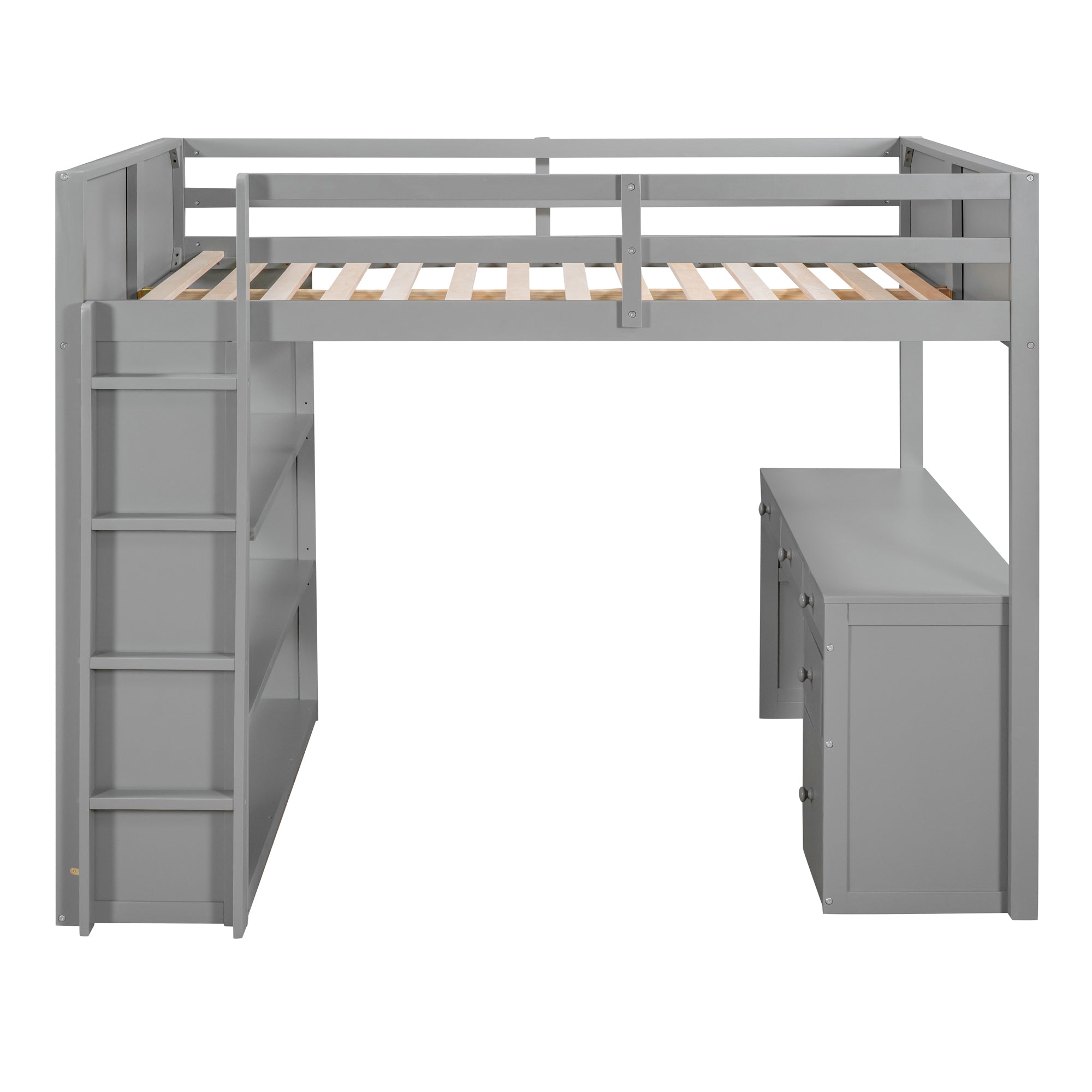 Full Size Loft Bed with Ladder, Shelves, and Desk, Gray